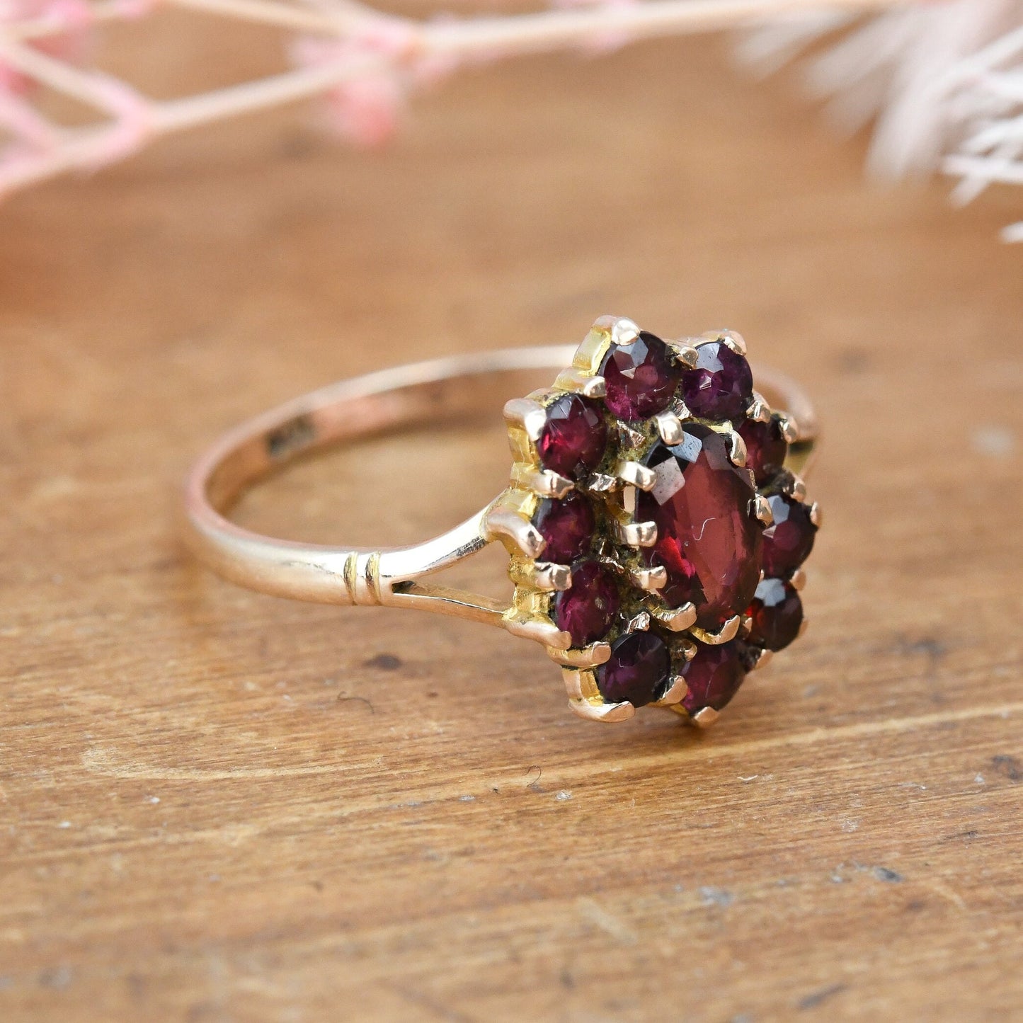 Vintage 9ct Gold Garnet Flower Ring - Mid-Century Edwardian Style | UK Size - O | US Size - 7 1/4