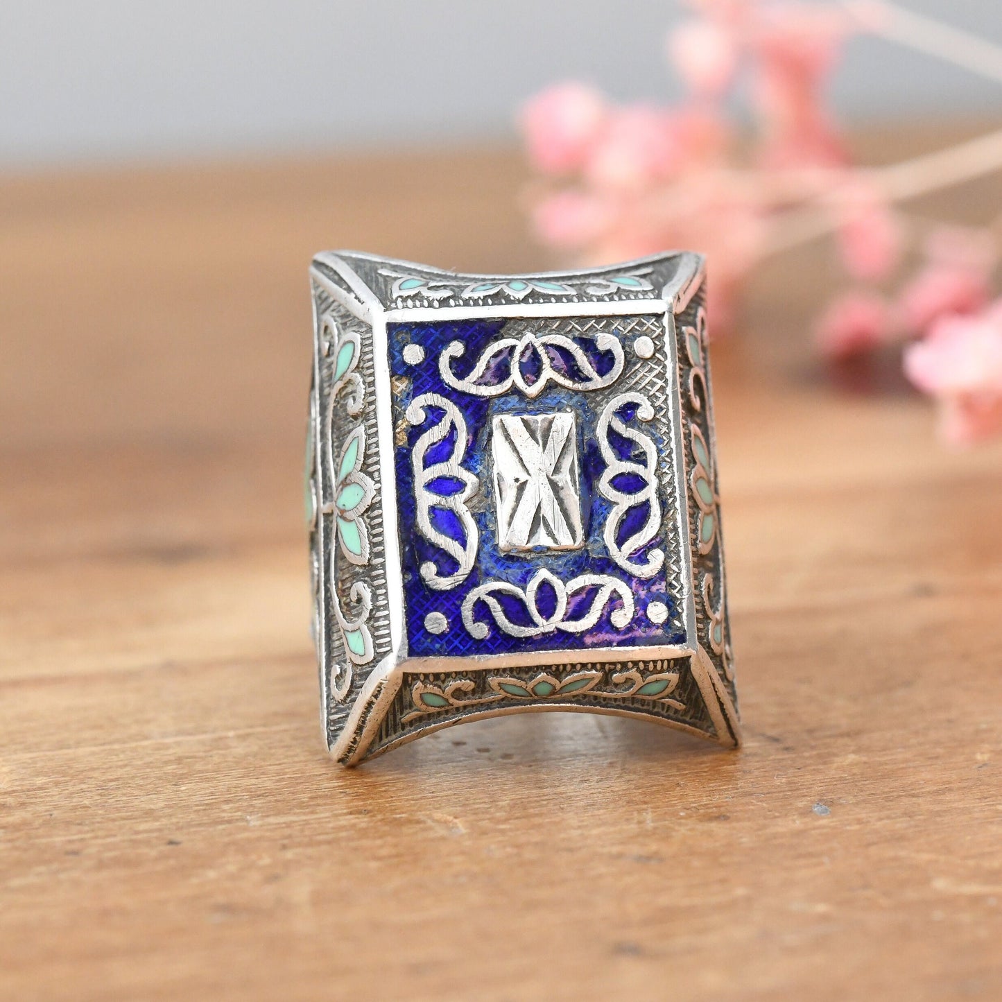 Vintage Silver Blue and Turquoise Enamel Lotus Flower Ring - Ornate Pressed Silver Sheet | Antique Collectable | UK Size - S | US Size - 9