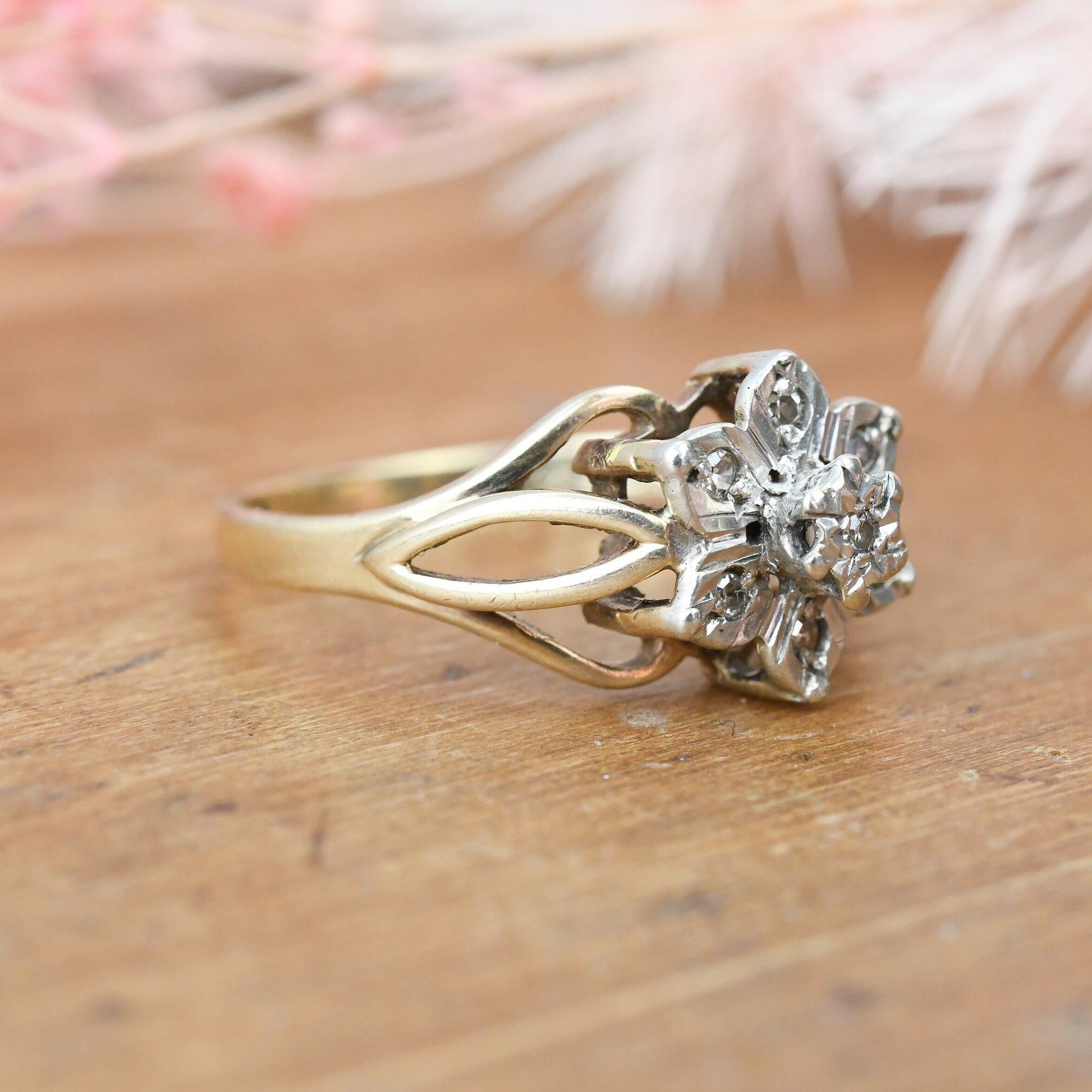 Vintage 9ct Gold and Diamond Cluster Ring 1981 - Statement Engagement | Elven Flower | UK Size - N 1/2 | US Size - 7