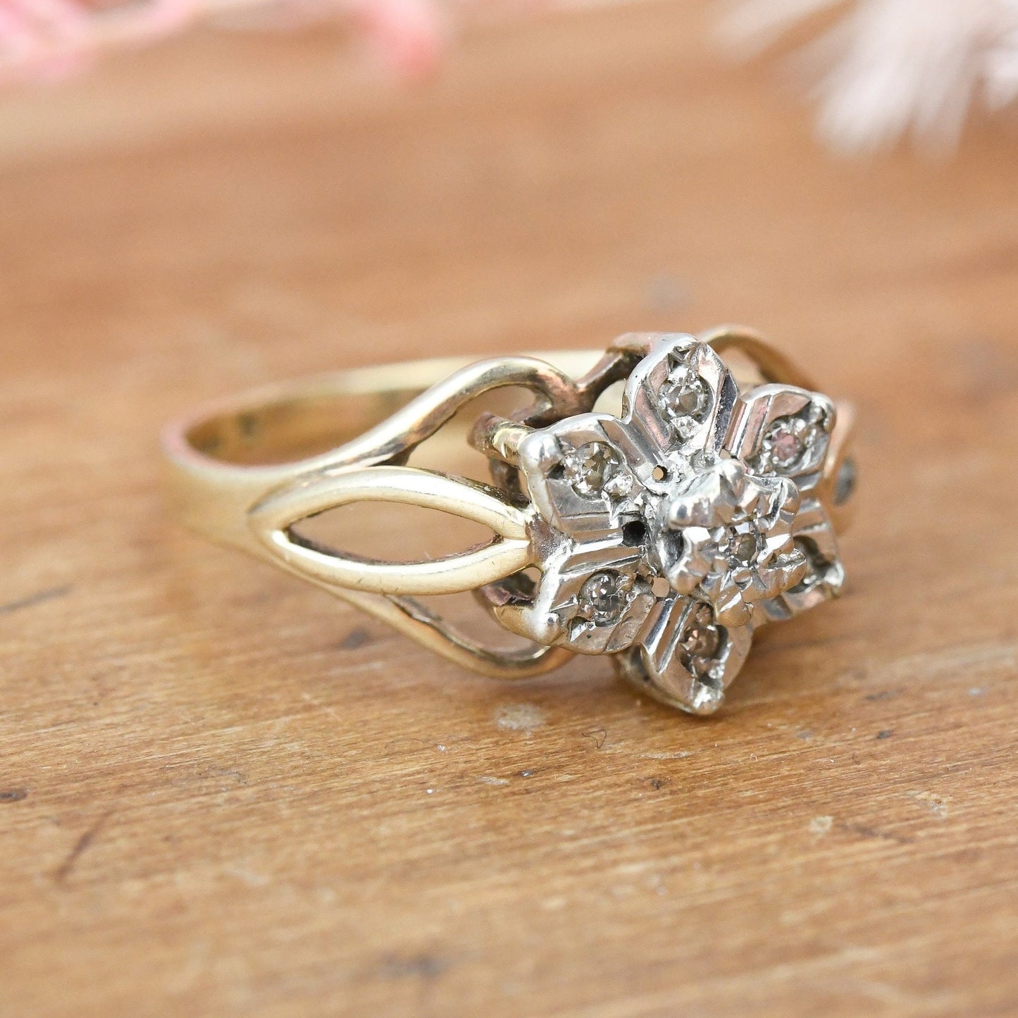 Vintage 9ct Gold and Diamond Cluster Ring 1981 - Statement Engagement | Elven Flower | UK Size - N 1/2 | US Size - 7