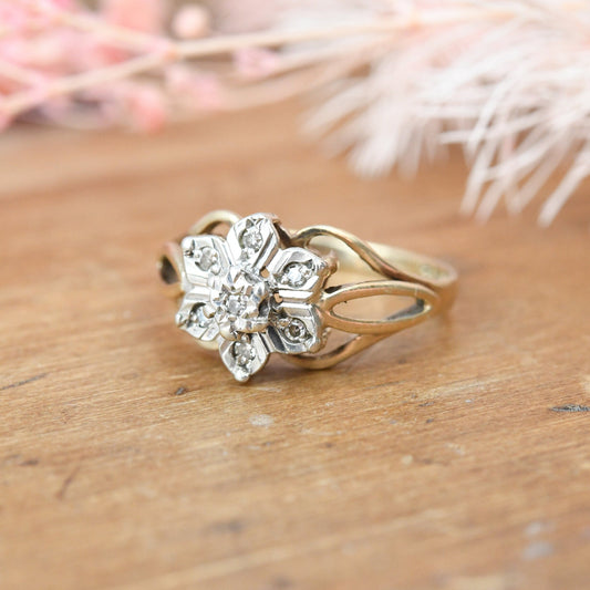 Vintage 9ct Gold and Diamond Cluster Ring 1981 - Statement Engagement | Elven Flower | UK Size - N 1/2 | US Size - 7