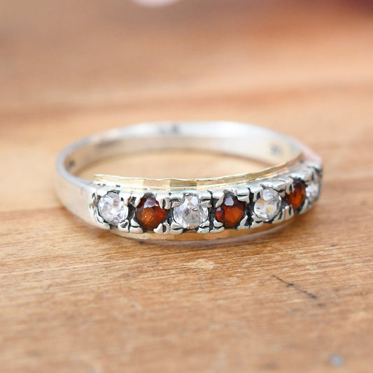 Vintage 9ct Gold & Sterling Silver Garnet CZ Half Eternity Ring - Sparkly Seven Stone Band | UK Size - P 1/2 | US Size - 8