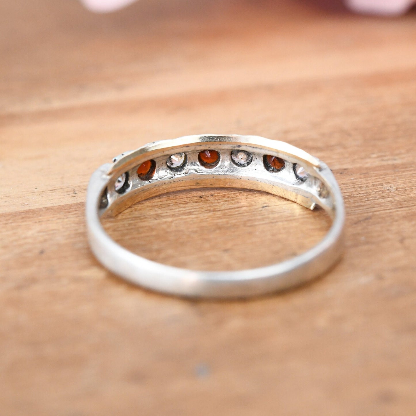 Vintage 9ct Gold & Sterling Silver Garnet CZ Half Eternity Ring - Sparkly Seven Stone Band | UK Size - P 1/2 | US Size - 8