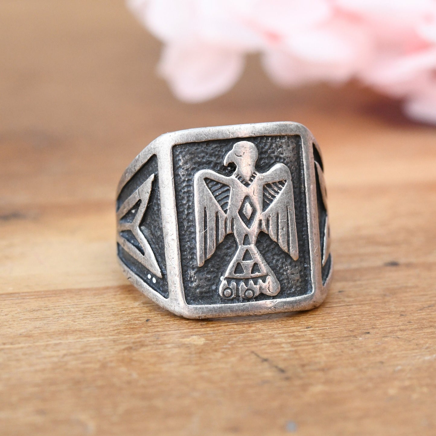 Vintage Navajo Thunderbird Sterling Silver Signet Ring - Southwestern Mid-Century Chunky Unisex | UK Size - L 1/2 | US Size - 6