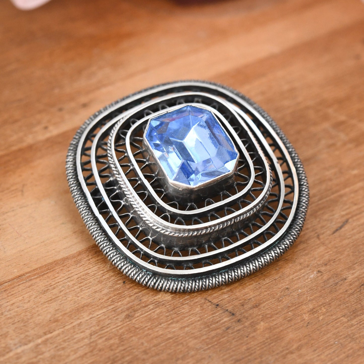 Vintage Israel Silver Wirework Pendant Brooch with Large Light Blue Stone - Mid-Century Israeli Silver Jewellery