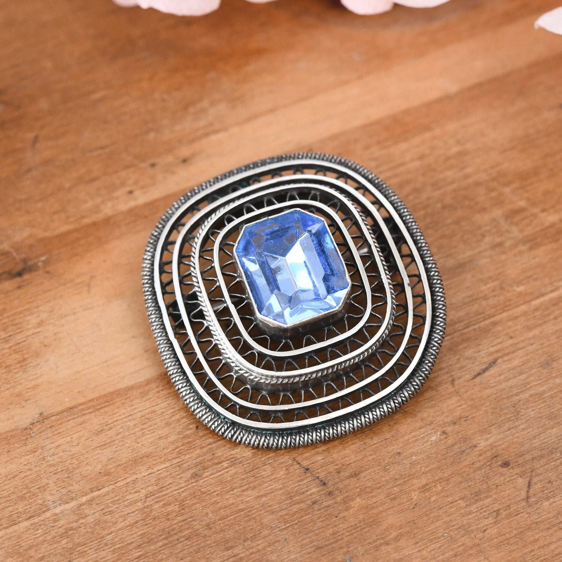 Vintage Israel Silver Wirework Pendant Brooch with Large Light Blue Stone - Mid-Century Israeli Silver Jewellery