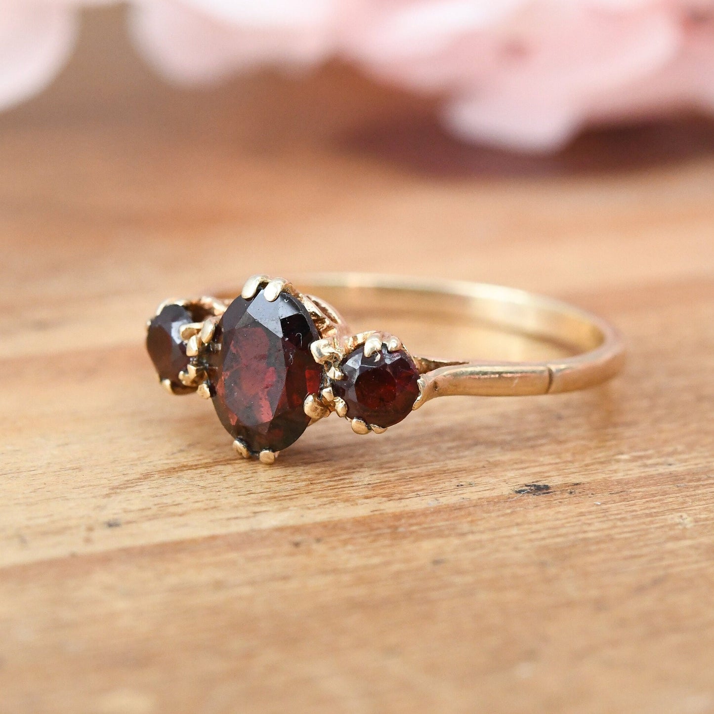 Vintage 9ct Gold Three Stone Garnet Ring 1968 - Mid-Century Red Stone Engagement Cocktail Ring | UK Size - M 1/2 | US Size - 6 1/2