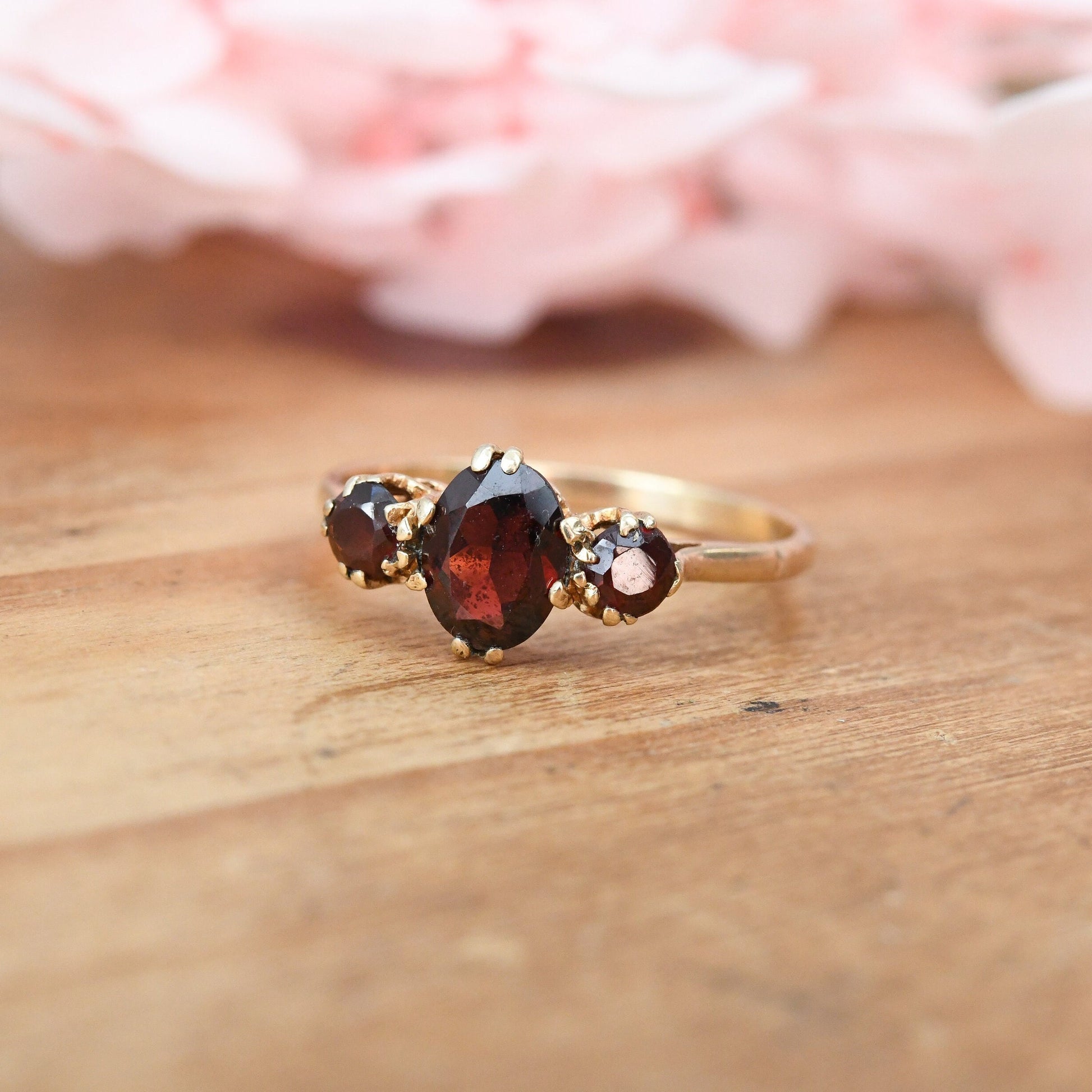 Vintage 9ct Gold Three Stone Garnet Ring 1968 - Mid-Century Red Stone Engagement Cocktail Ring | UK Size - M 1/2 | US Size - 6 1/2