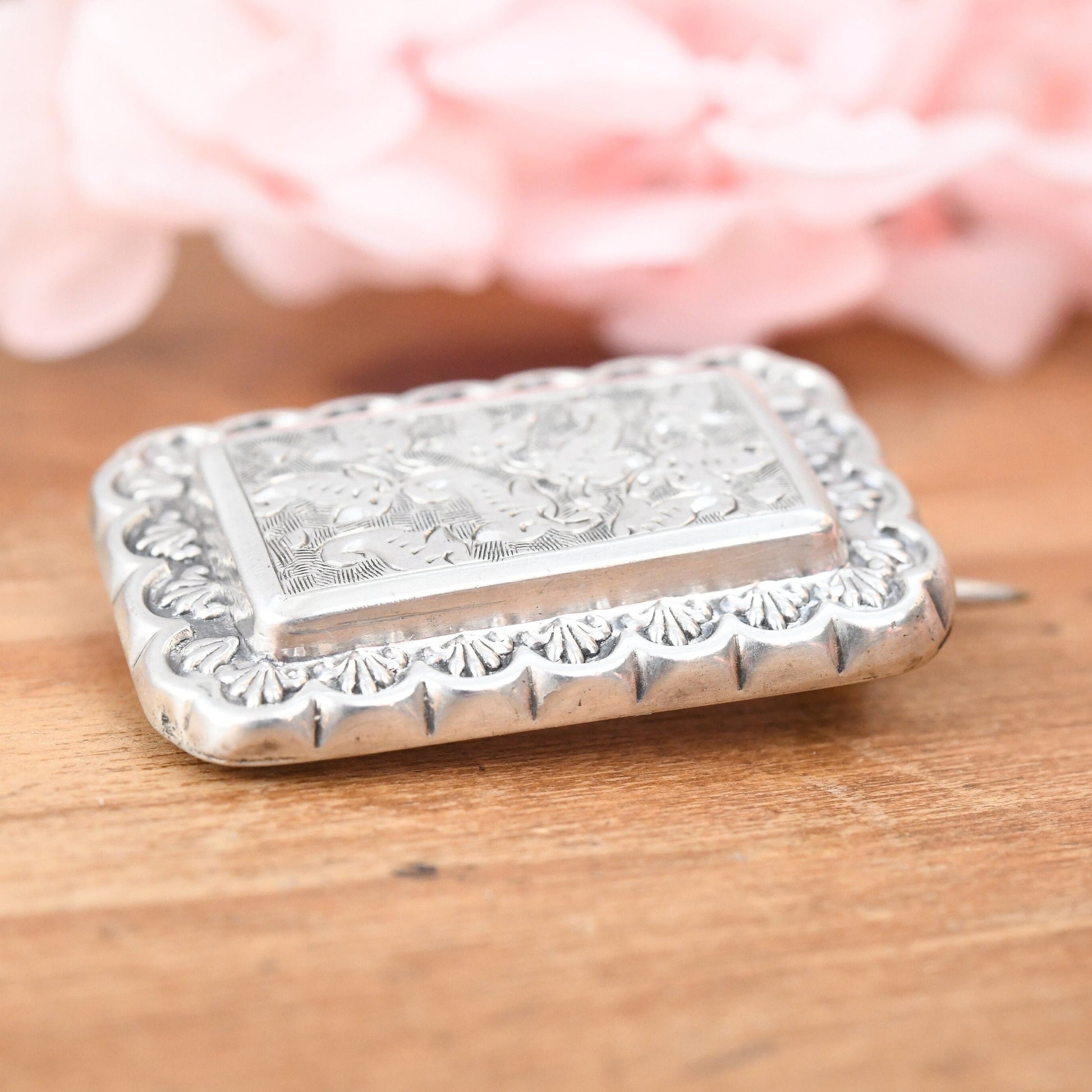 Antique Victorian Sterling Silver Aesthetic Movement Brooch with Floral Engraving - Rectangle Leaf Flower Brooch