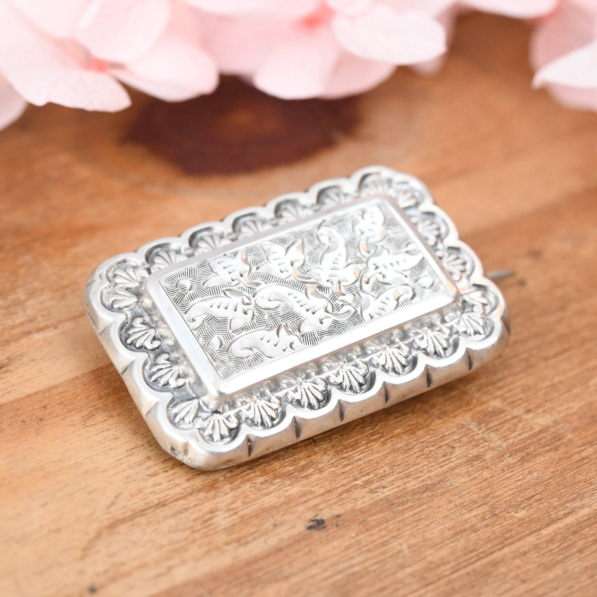 Antique Victorian Sterling Silver Aesthetic Movement Brooch with Floral Engraving - Rectangle Leaf Flower Brooch