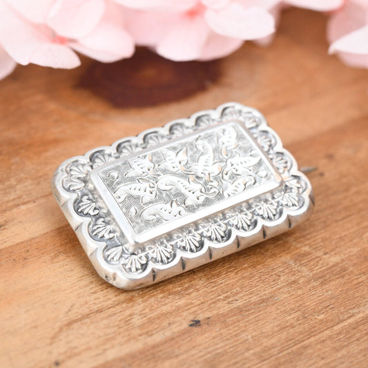 Antique Victorian Sterling Silver Aesthetic Movement Brooch with Floral Engraving - Rectangle Leaf Flower Brooch