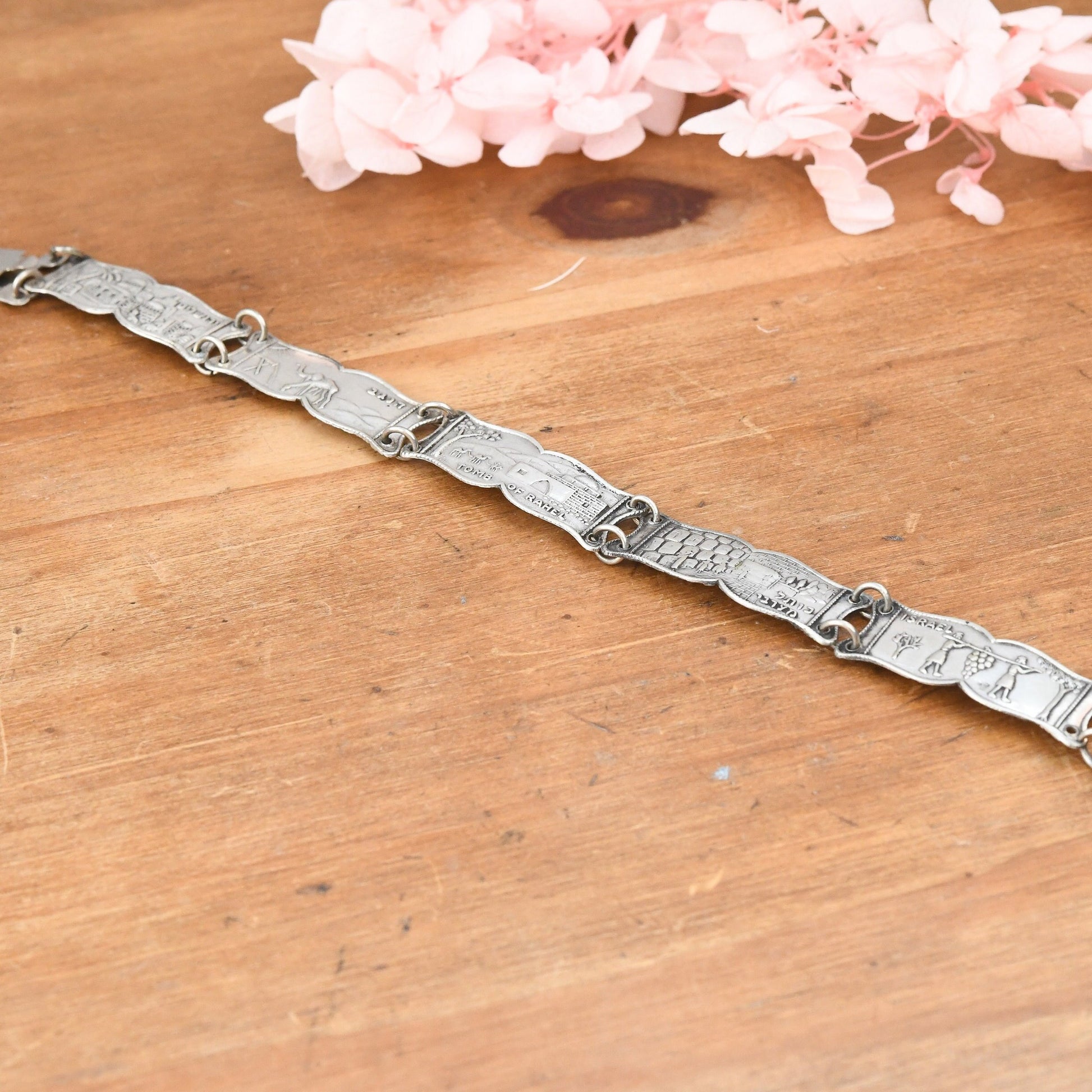 Vintage Israel Silver Souvenir Panel Bracelet - Tomb of Rahel Negev Desert Western Wall | Scenes of Jerusalem