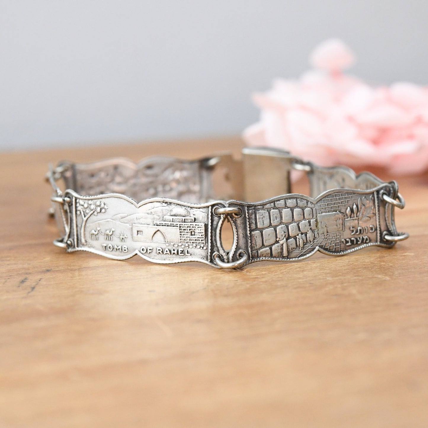 Vintage Israel Silver Souvenir Panel Bracelet - Tomb of Rahel Negev Desert Western Wall | Scenes of Jerusalem