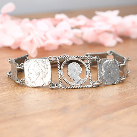 Vintage Silver Wilhelmina Dutch Coin Bracelet 1930s 1940s - Queen of Netherlands | Cut Out Silver Coin Jewellery