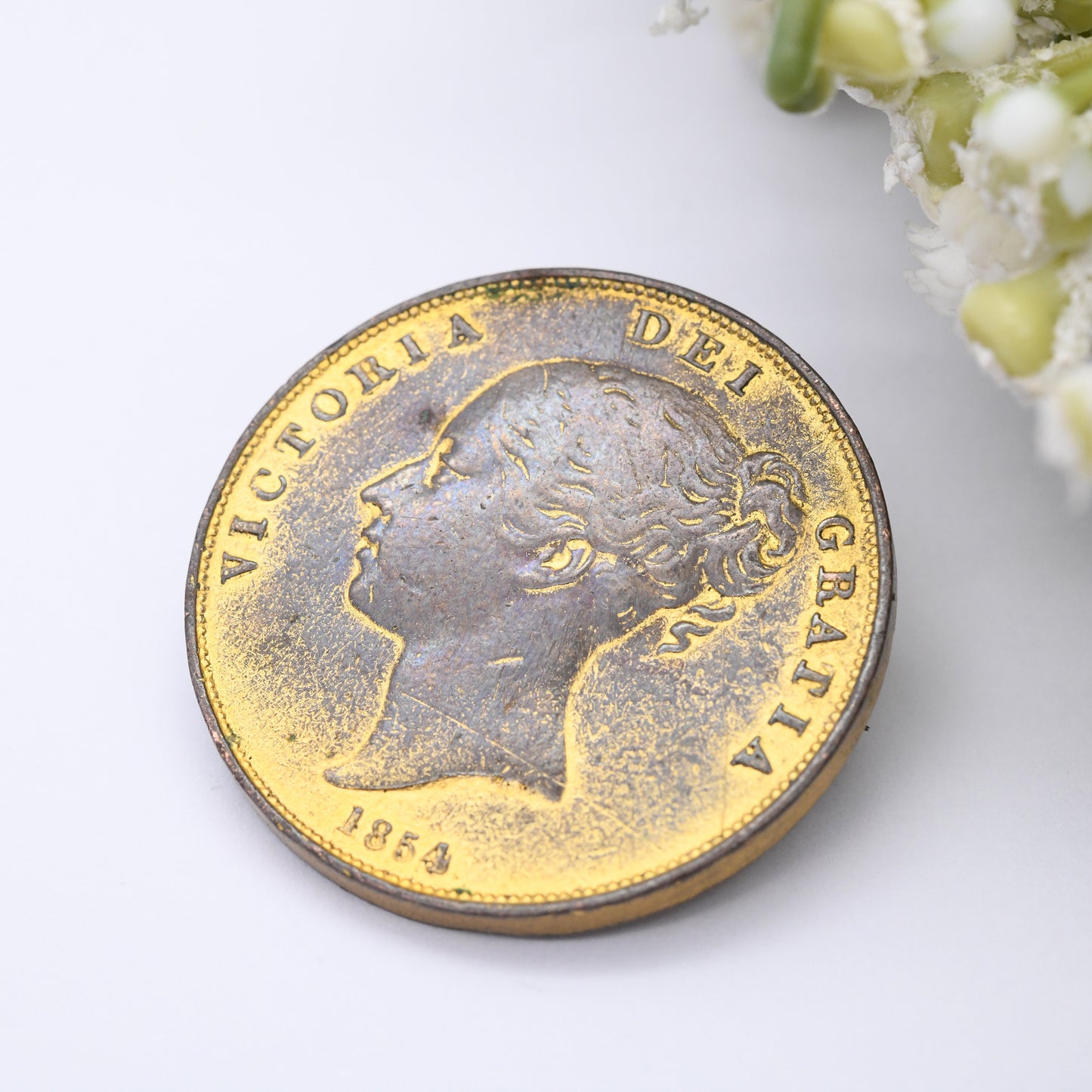 Antique 1854 Victoria One Penny Coin Brooch - Large Statement Copper Coin Jewellery | Gold-Tone