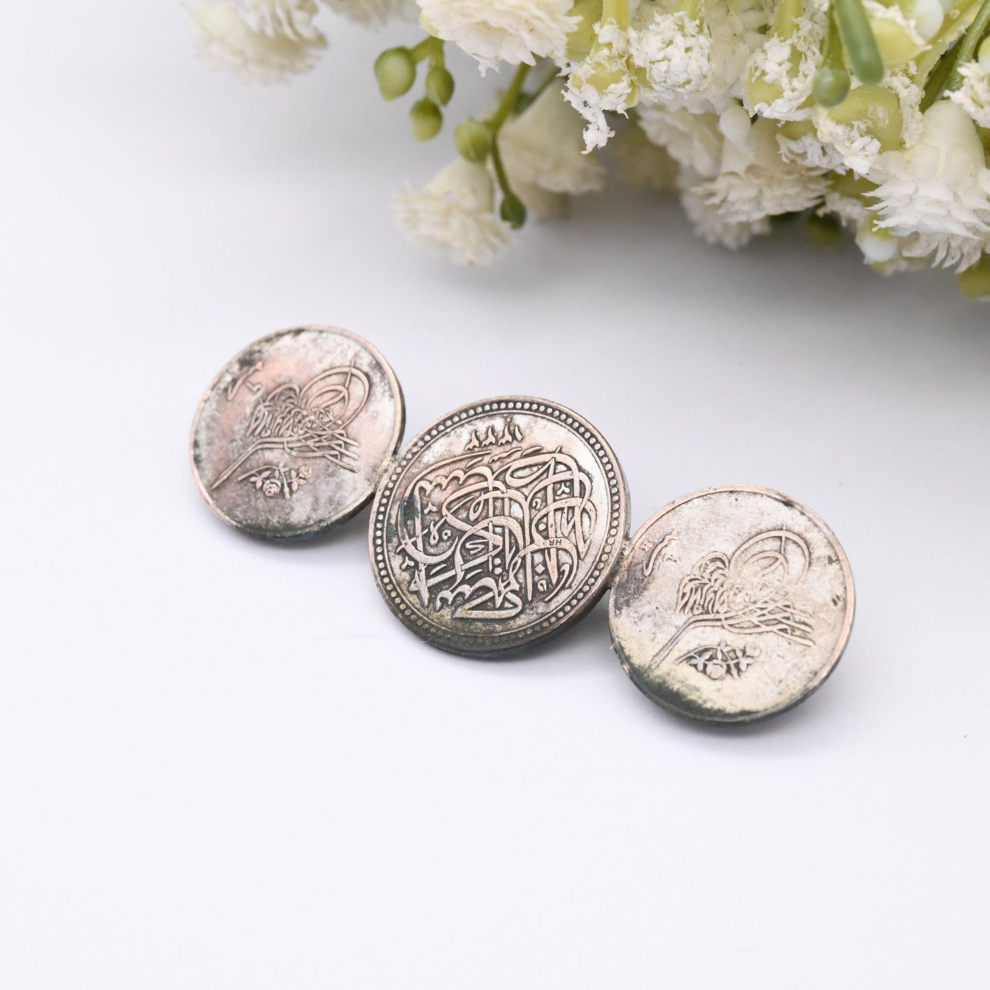 Antique Egyptian Coin Brooch with Three Coins - 1917 1/2 Millieme | 1/40 Qirsh | Silver Plated Bronze