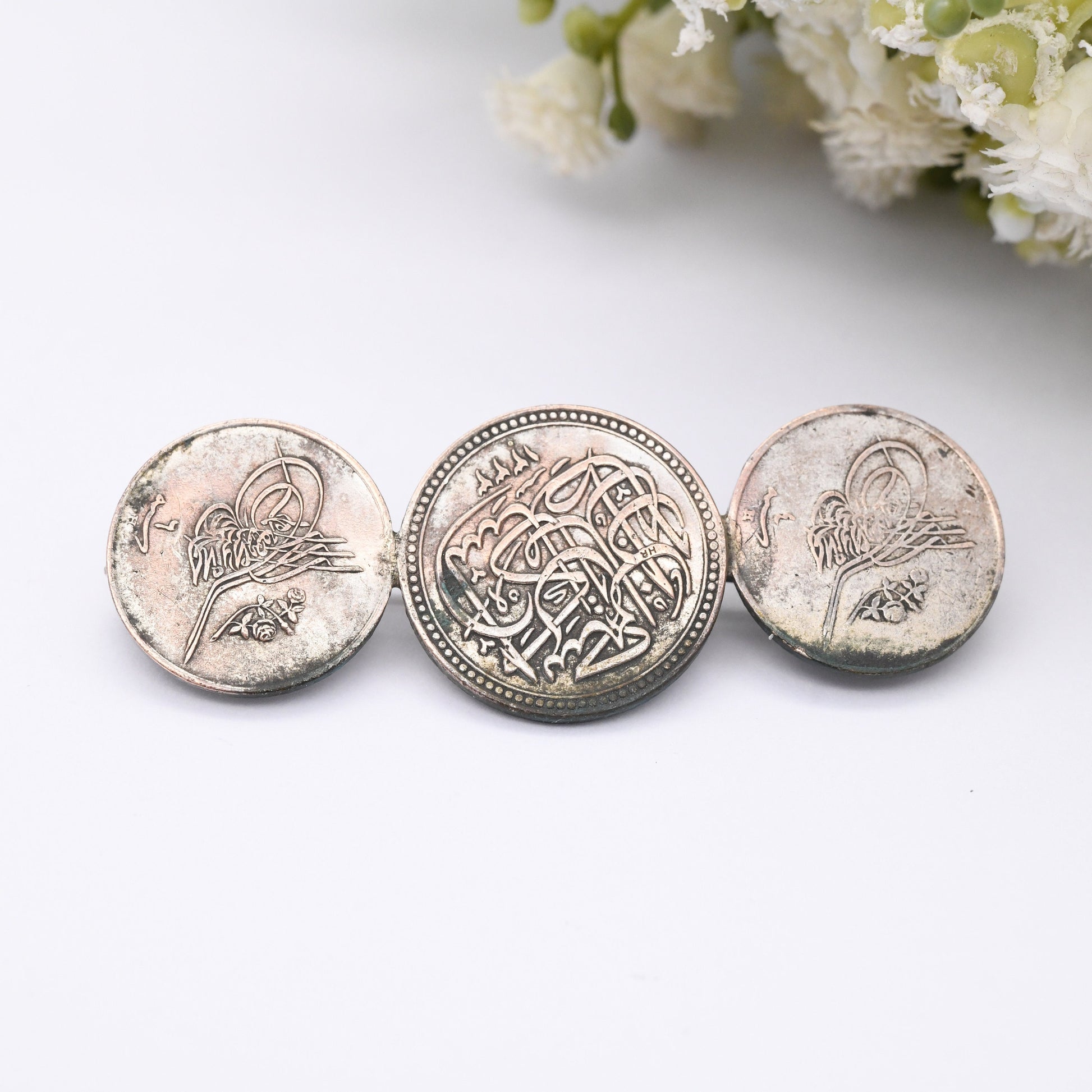 Antique Egyptian Coin Brooch with Three Coins - 1917 1/2 Millieme | 1/40 Qirsh | Silver Plated Bronze