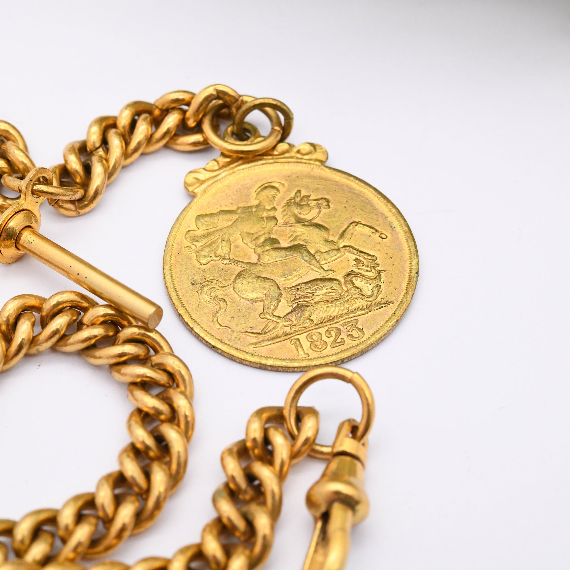 Vintage Albert Chain with 1823 George IV Token T-Bar Dog Clip Clasp - Pocket Watch Chain | Gold Tone