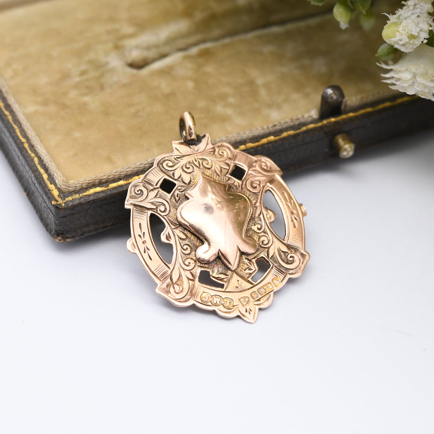 Antique 9ct Gold Shield Fob 1911 by James Walter Tiptaft - Watch Fob Pendant | Blank for Engraving | Rose Gold