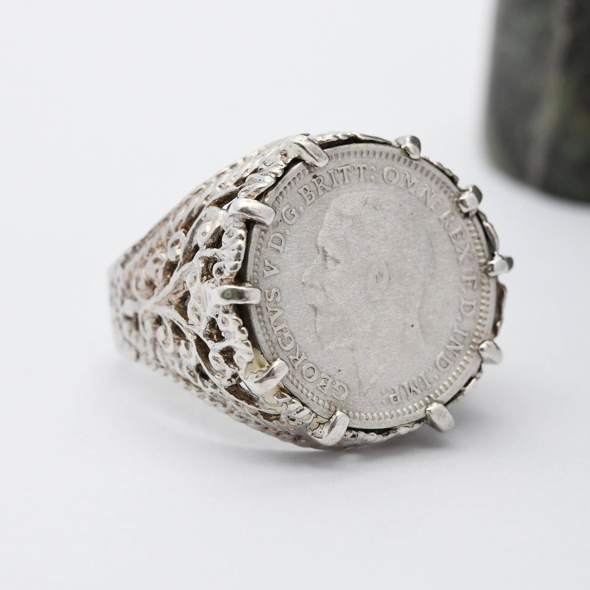 Vintage Silver George V Threepence Coin 1934 Signet Ring - Chunky English Royal Family Coin Jewellery | UK Size - P | US Size - 7 1/2