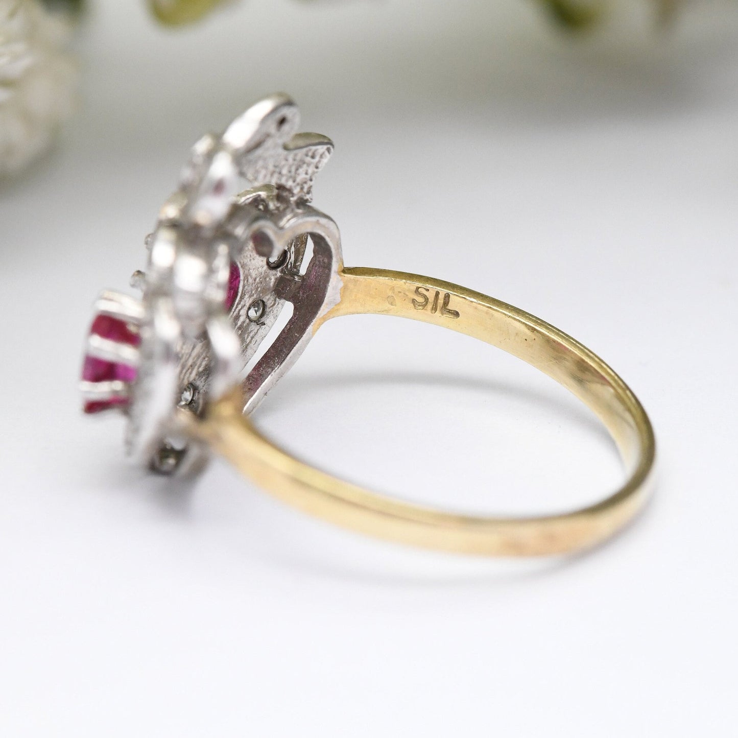 Vintage Sterling Silver Ruby Crossed Hearts and Bow Ring with Clear Stones - Gold Plated Band Statement Ring | UK Size - P | US Size - 7 1/2