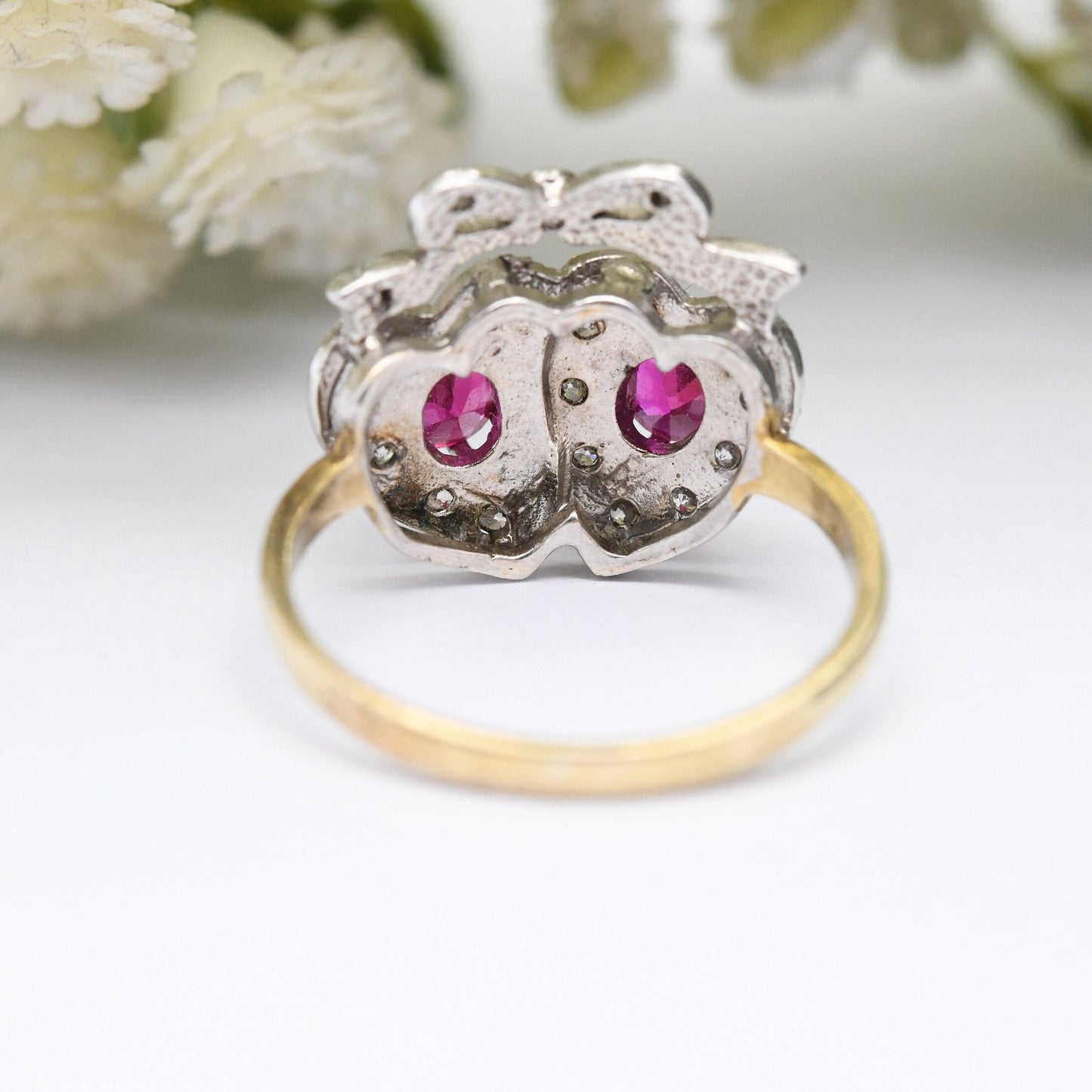 Vintage Sterling Silver Ruby Crossed Hearts and Bow Ring with Clear Stones - Gold Plated Band Statement Ring | UK Size - P | US Size - 7 1/2