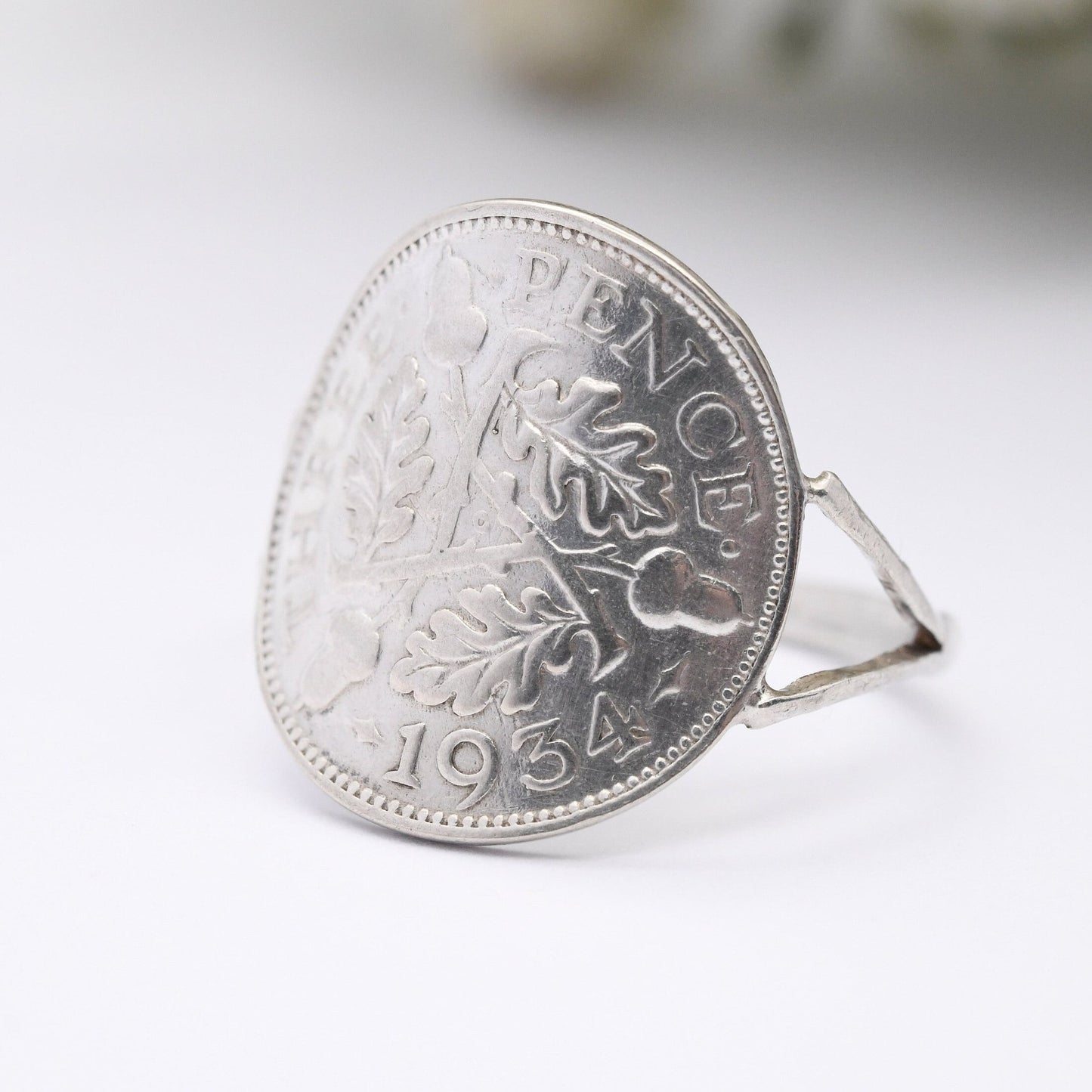 Vintage Silver George V Threepence Coin 1934 Signet Ring - English Royal Family Coin Jewellery | UK Size - N | US Size - 6 1/2