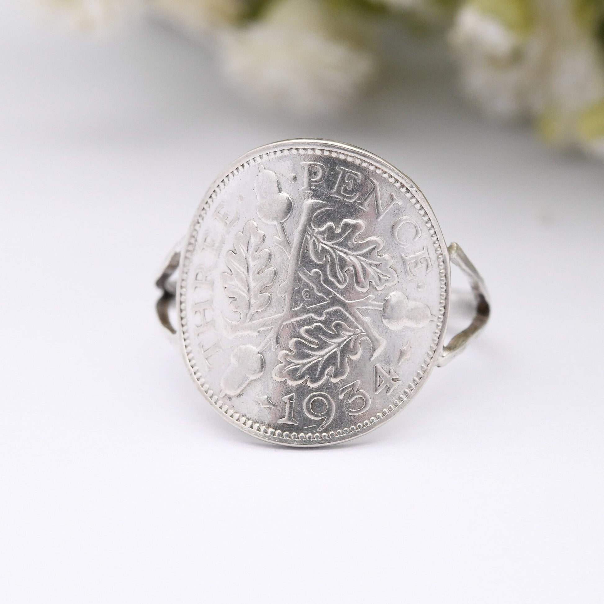 Vintage Silver George V Threepence Coin 1934 Signet Ring - English Royal Family Coin Jewellery | UK Size - N | US Size - 6 1/2