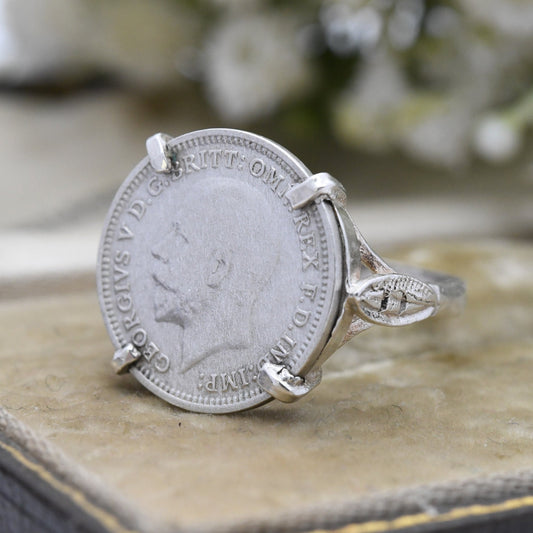 Vintage Sterling Silver George V Threepence 1935 Signet Ring - British Royal Family Jewellery | UK Size - N | US Size - 6 1/2