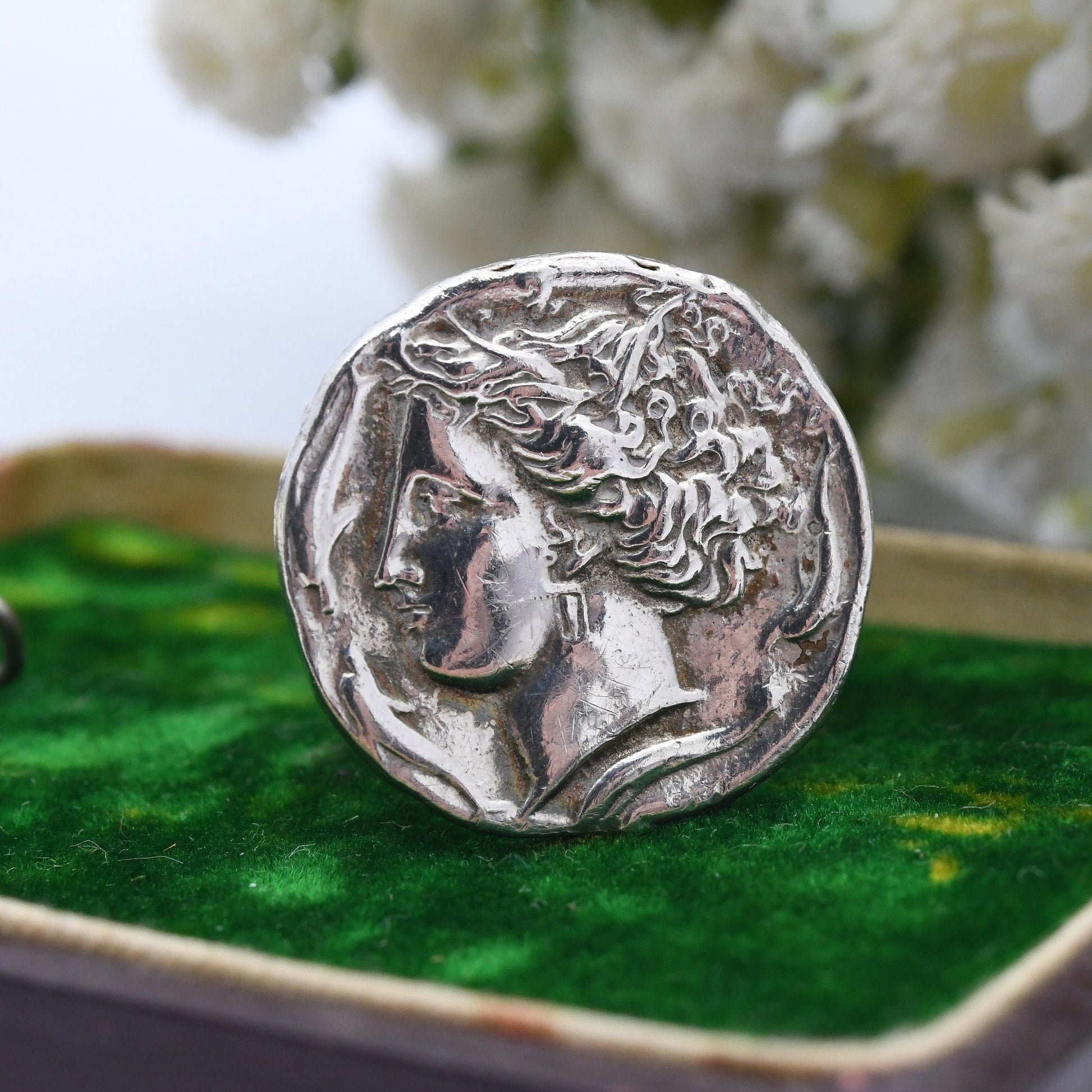 Vintage Sterling Silver Ancient Greek Goddess Coin Ring 1969 - Mid-Century Modernist | Adjustable Band | UK Size - P | US Size - 7 1/2