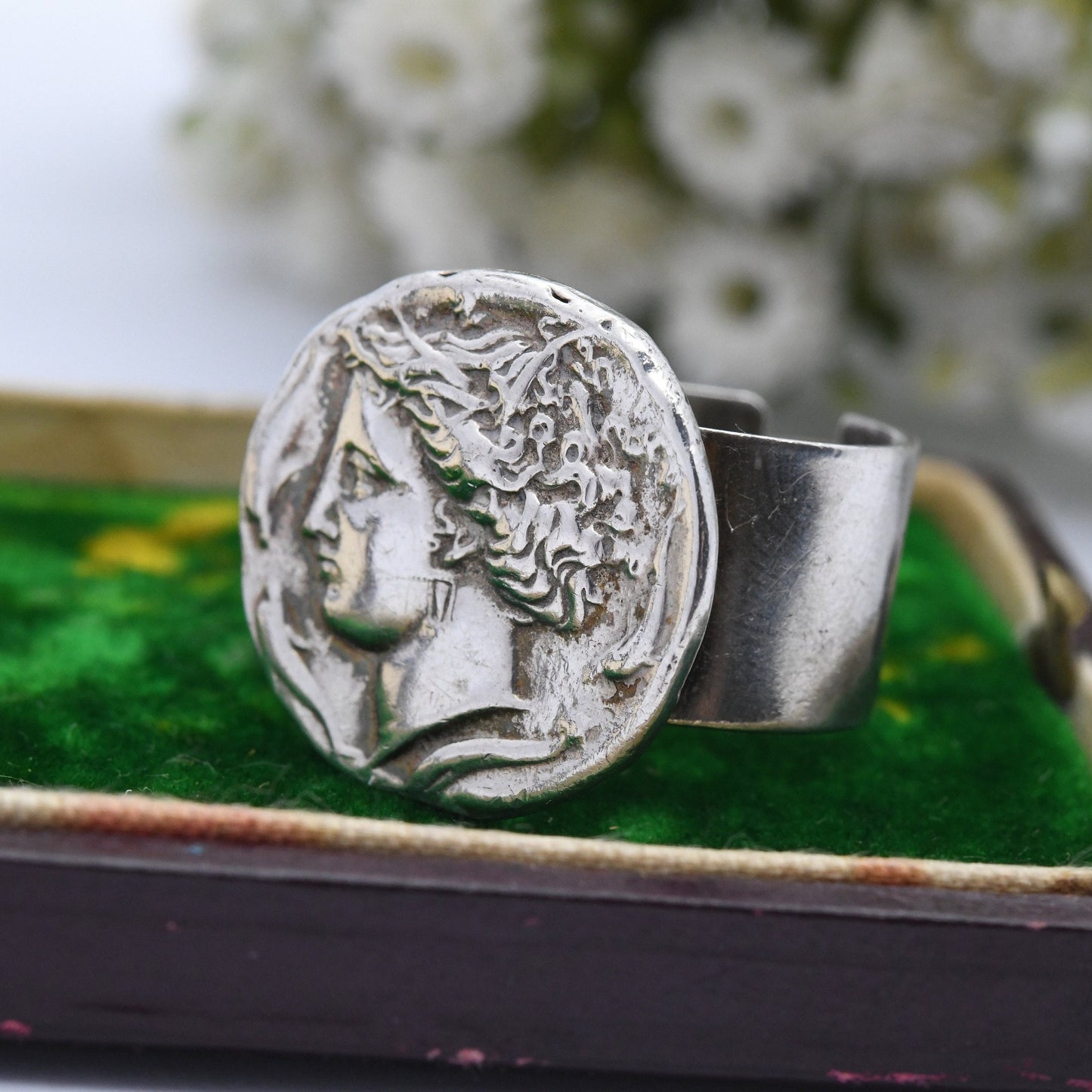 Vintage Sterling Silver Ancient Greek Goddess Coin Ring 1969 - Mid-Century Modernist | Adjustable Band | UK Size - P | US Size - 7 1/2