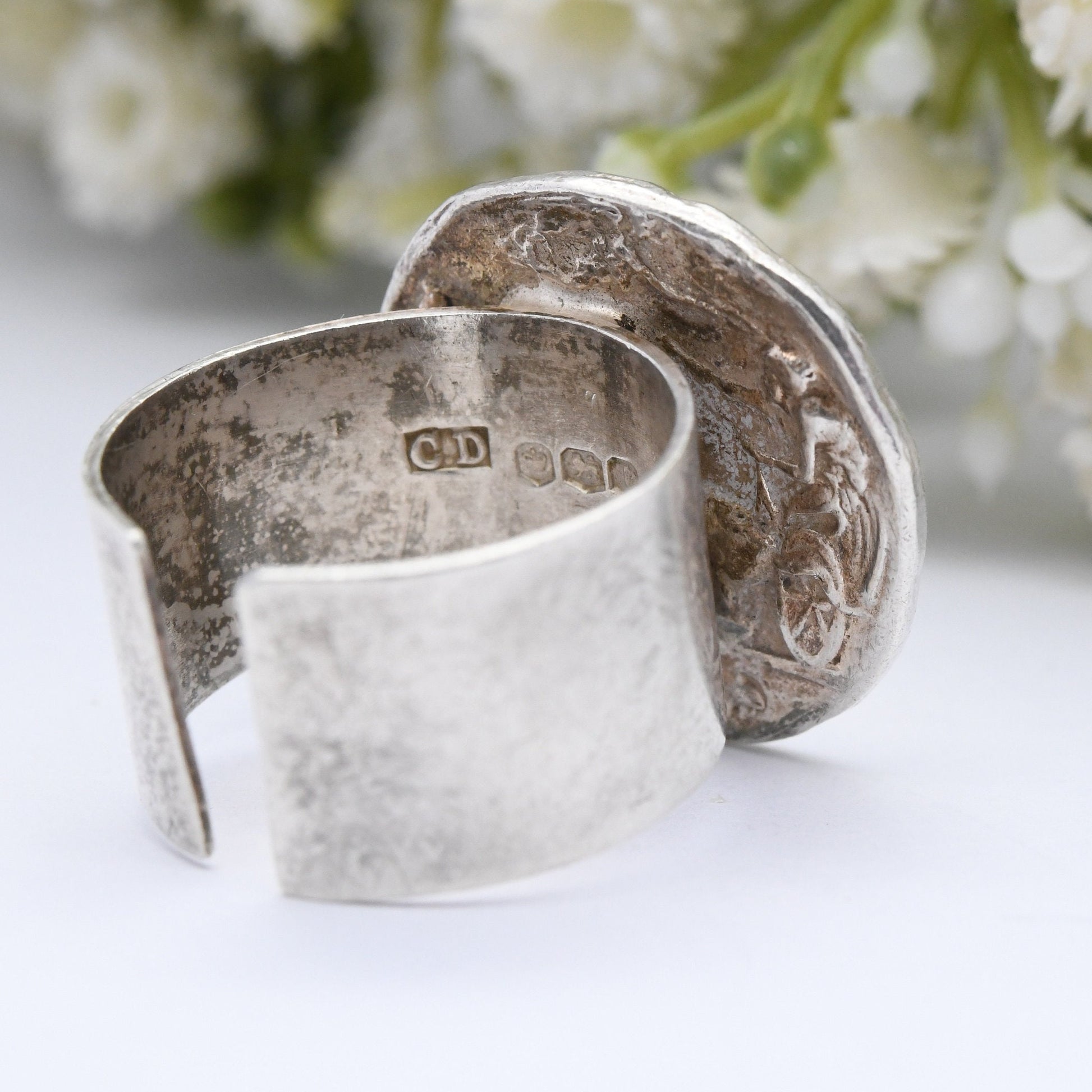 Vintage Sterling Silver Ancient Greek Goddess Coin Ring 1969 - Mid-Century Modernist | Adjustable Band | UK Size - P | US Size - 7 1/2