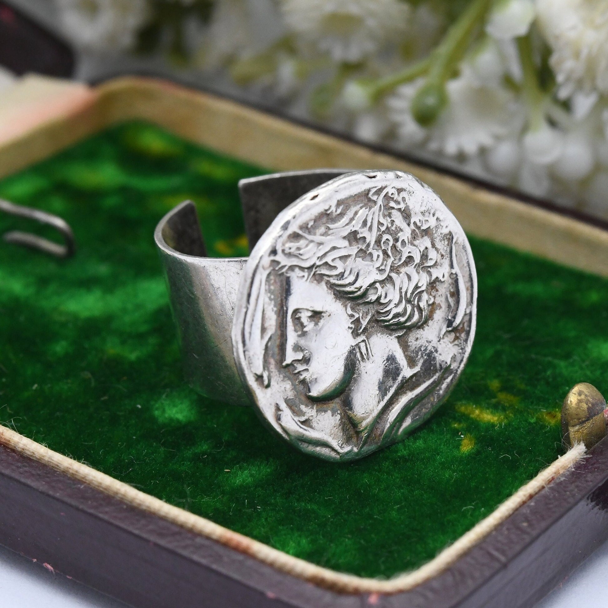 Vintage Sterling Silver Ancient Greek Goddess Coin Ring 1969 - Mid-Century Modernist | Adjustable Band | UK Size - P | US Size - 7 1/2