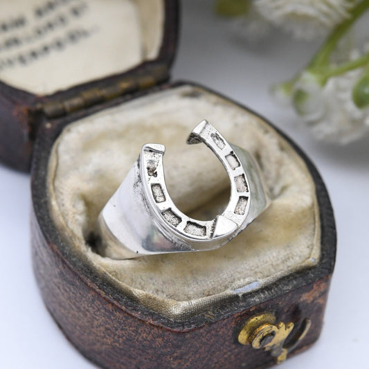 Vintage Sterling Silver Horseshoe Ring - Good Luck Jewellery | Horse Riding Gift | Mid-Century Modern | UK Size - M | US Size - 6 1/4