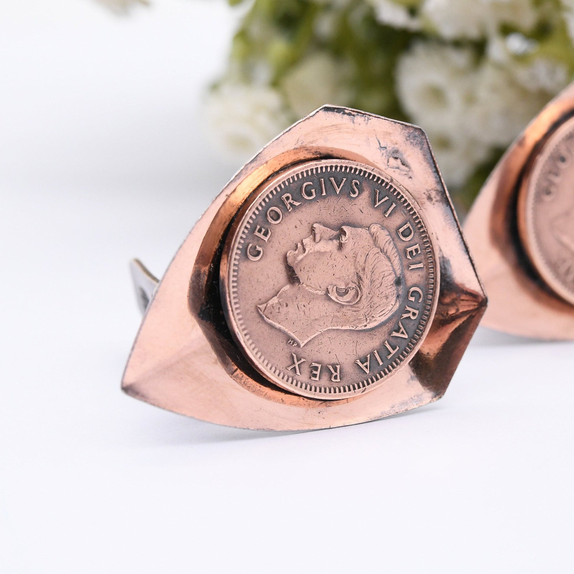 Vintage Mid-Century Copper Coin Shield Clip On Earrings - George VI Farthing Coin Jewellery | Dramatic Statement Modernist Clips