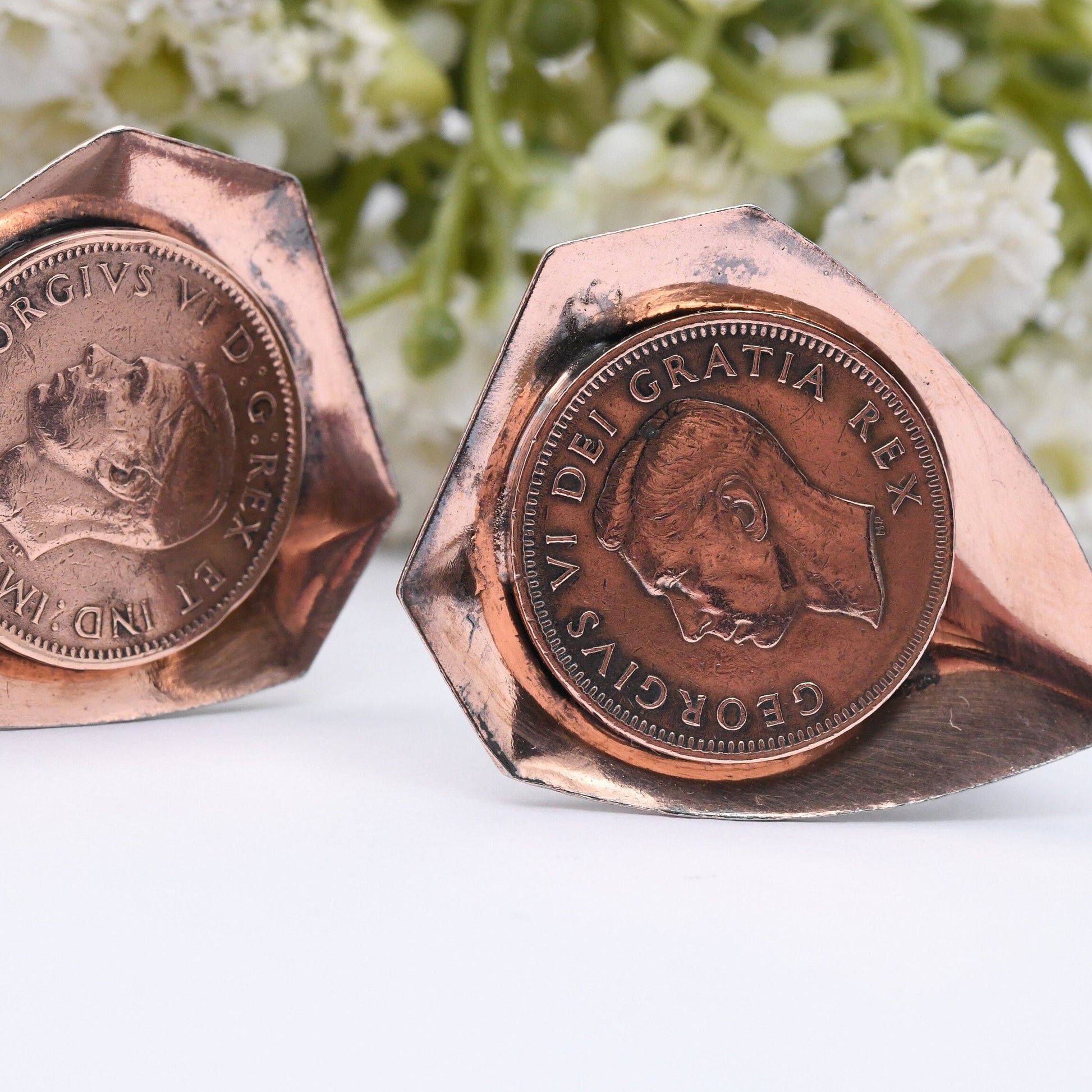 Vintage Mid-Century Copper Coin Shield Clip On Earrings - George VI Farthing Coin Jewellery | Dramatic Statement Modernist Clips