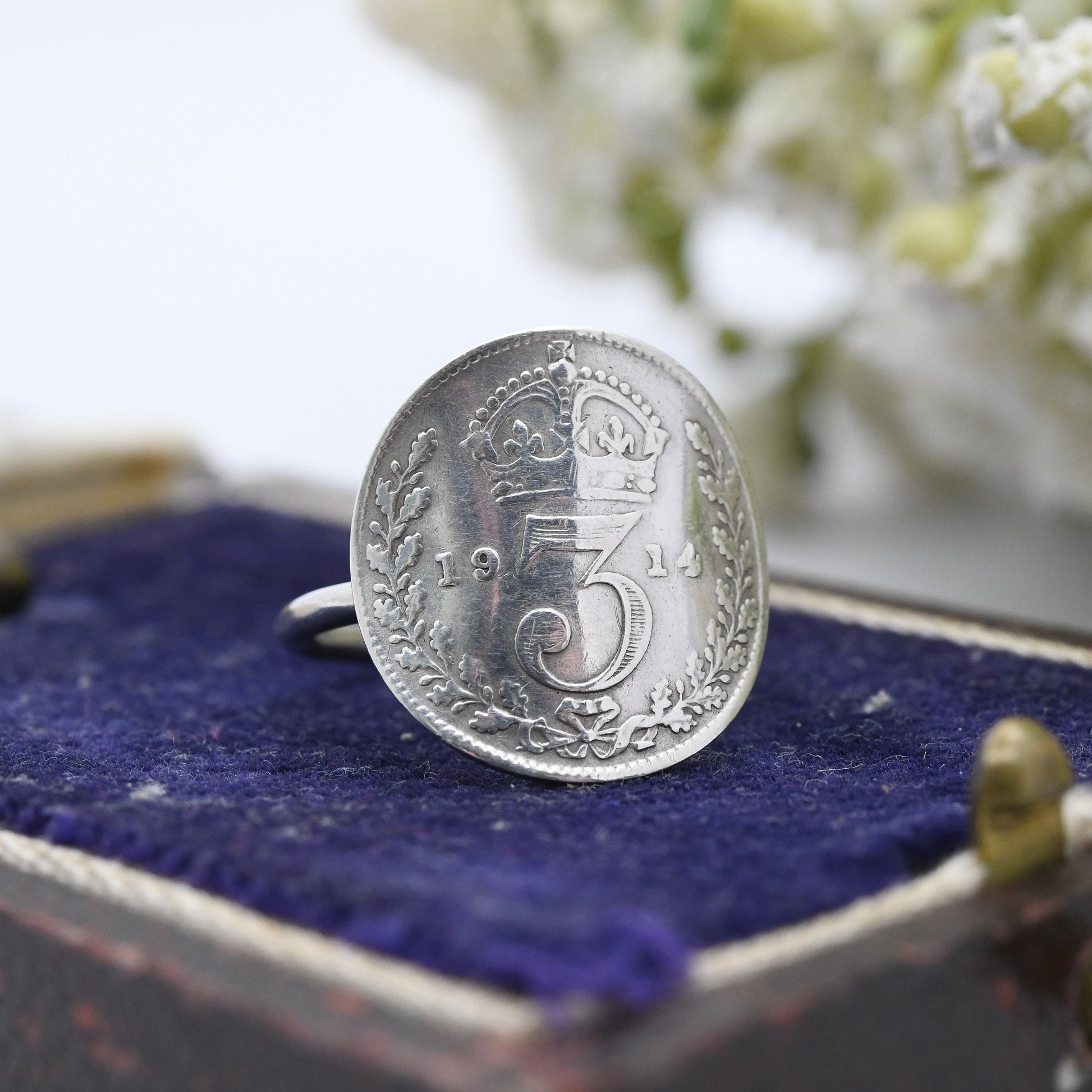 Antique Sterling Silver George V Threepence 1914 Coin Ring - English Royal Family Coin Jewellery | UK Size - G 1/2 | US Size - 3 1/2