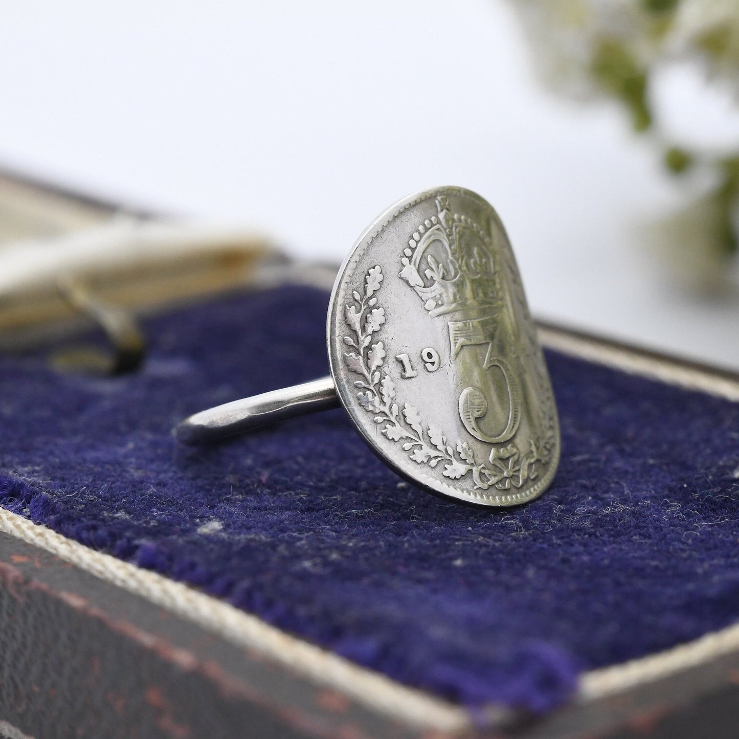 Antique Sterling Silver George V Threepence 1914 Coin Ring - English Royal Family Coin Jewellery | UK Size - G 1/2 | US Size - 3 1/2