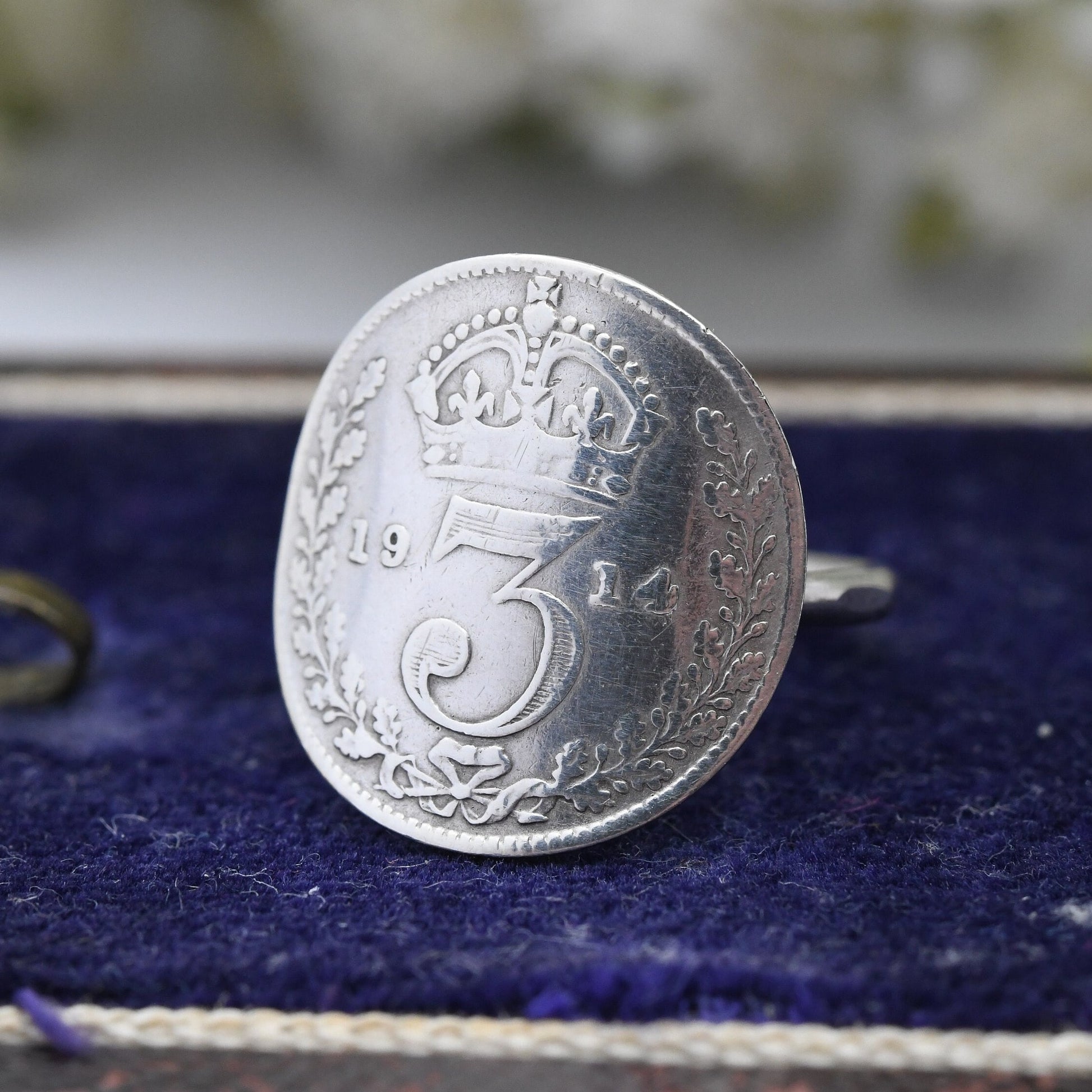 Antique Sterling Silver George V Threepence 1914 Coin Ring - English Royal Family Coin Jewellery | UK Size - G 1/2 | US Size - 3 1/2