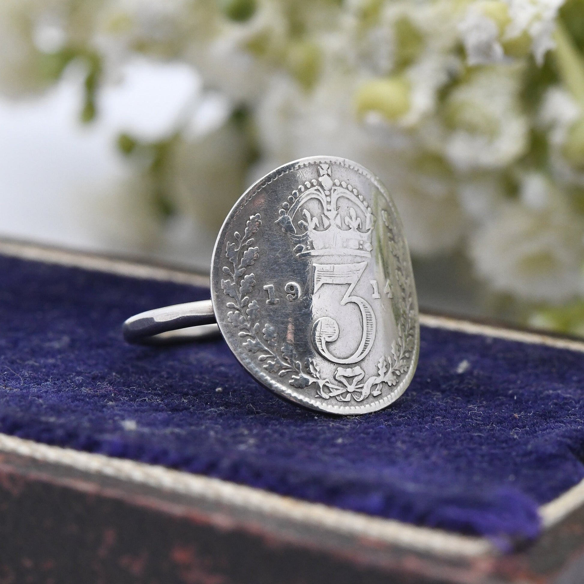 Antique Sterling Silver George V Threepence 1914 Coin Ring - English Royal Family Coin Jewellery | UK Size - G 1/2 | US Size - 3 1/2