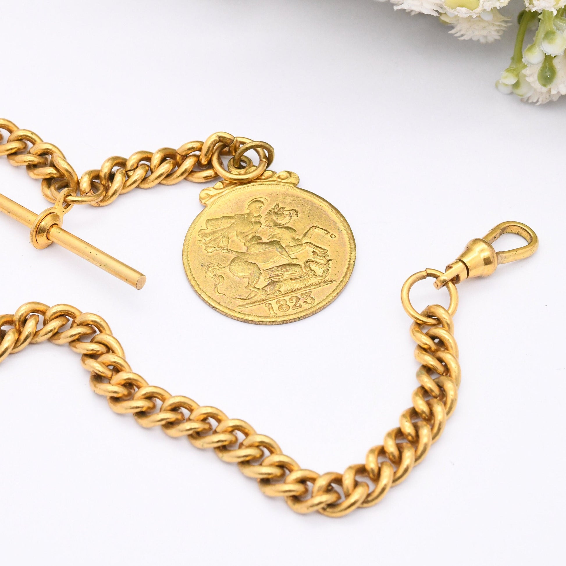 Vintage Albert Chain with 1823 George IV Token T-Bar Dog Clip Clasp - Pocket Watch Chain | Gold Tone