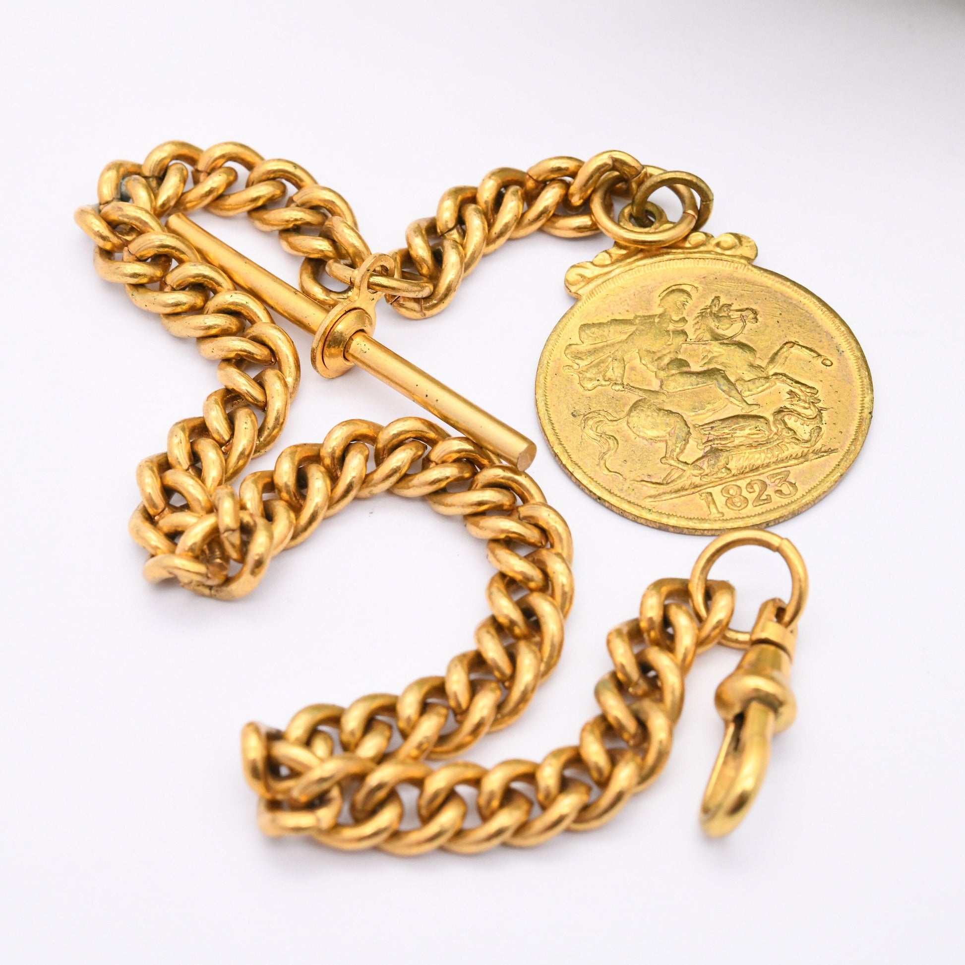 Vintage Albert Chain with 1823 George IV Token T-Bar Dog Clip Clasp - Pocket Watch Chain | Gold Tone