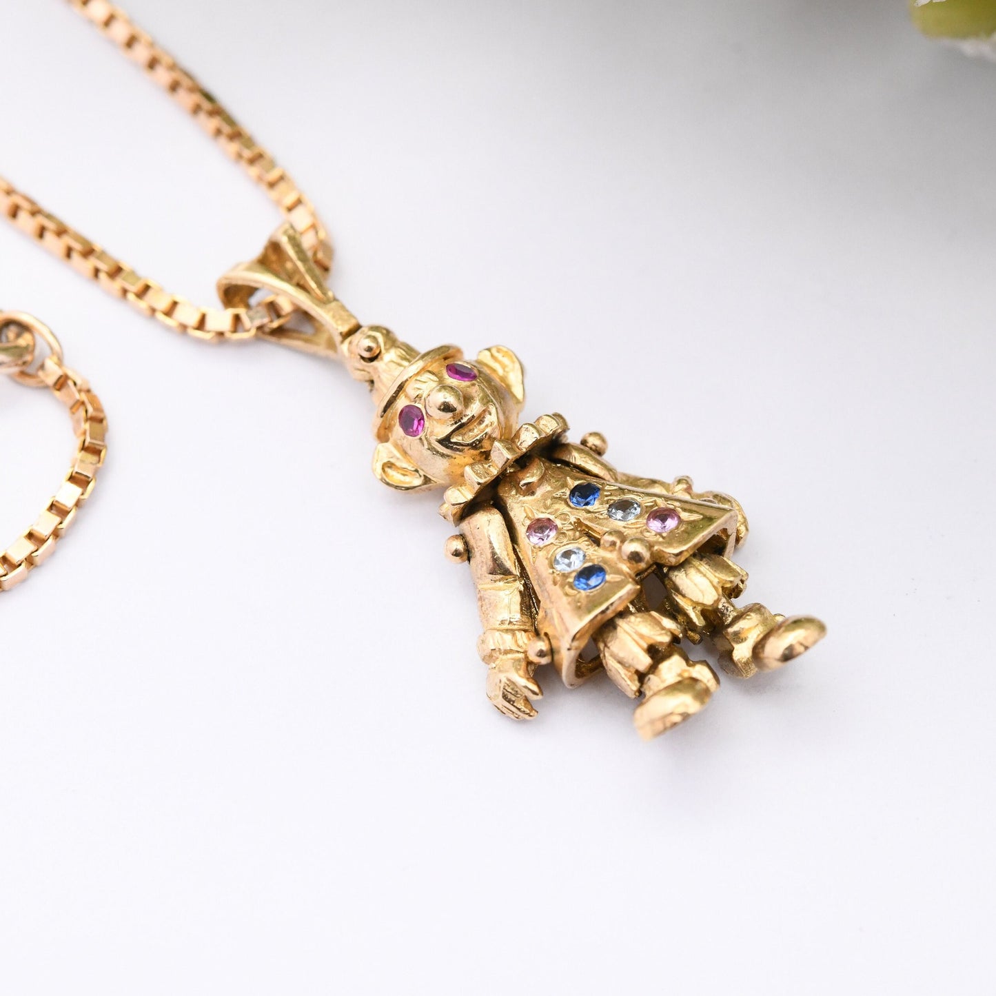 Vintage 9ct Gold Clown Charm Pendant Necklace with Ruby Eyes - Articulated Clown | Moving Limbs | Colourful Gemstone Buttons