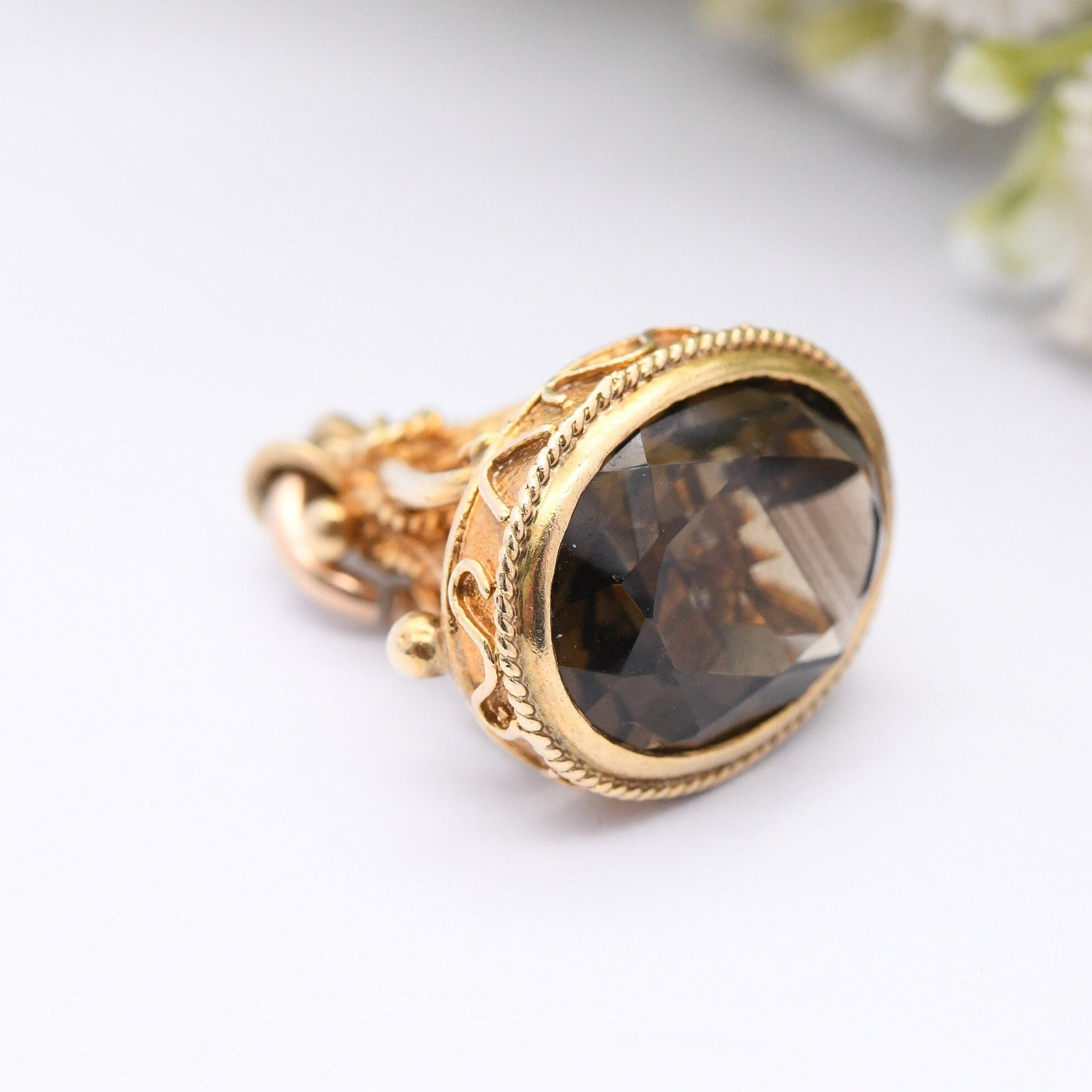 Vintage 9ct Gold Smoky Quartz Fob 1973 by Slade and Kempton S&K - Gemstone Watch Fob Pendant | Antique Style