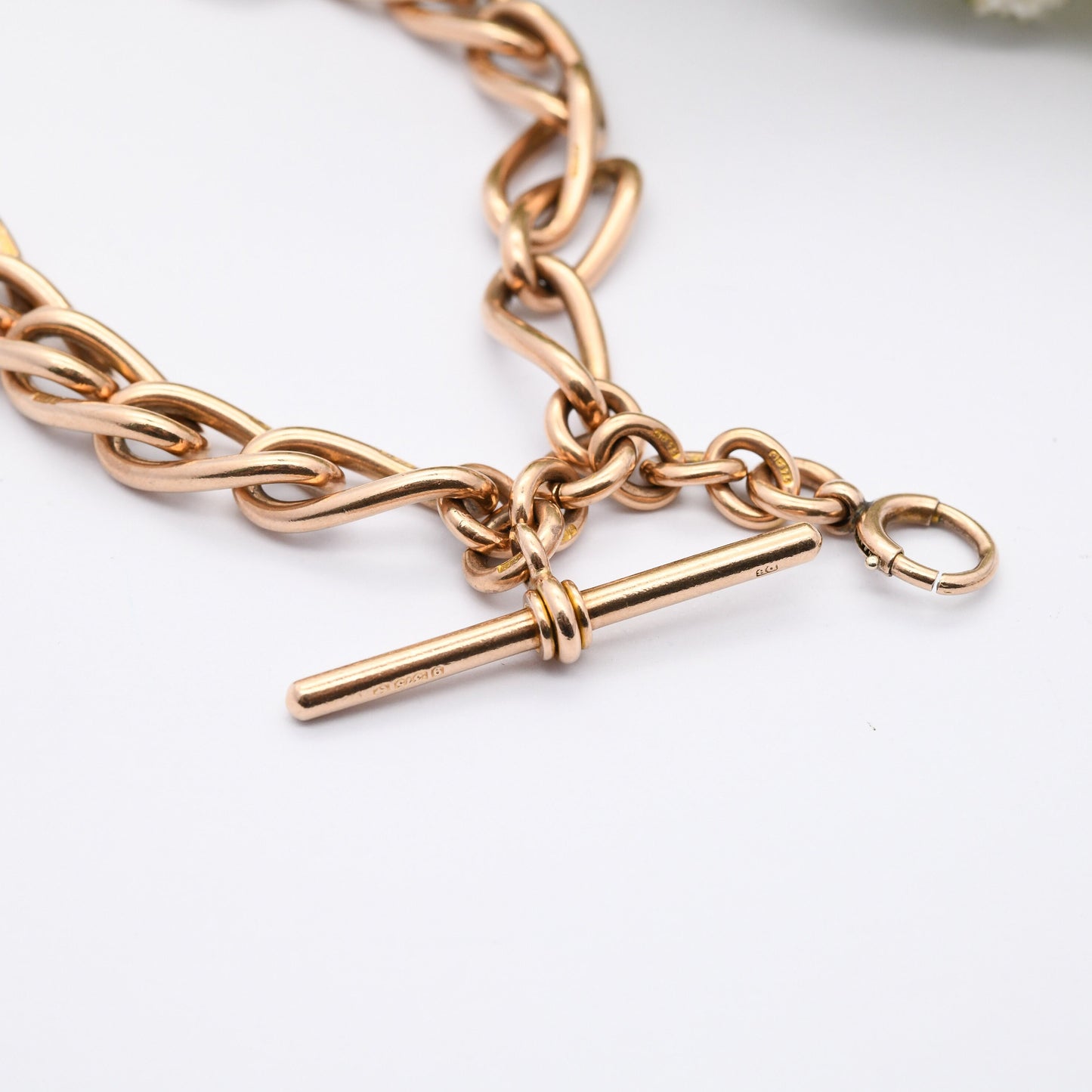 Antique 9ct Gold Necklace Double Albert Watch Chain 1910 - Edwardian Rose Gold | with T-Bar and Dog Clips | Solid Gold