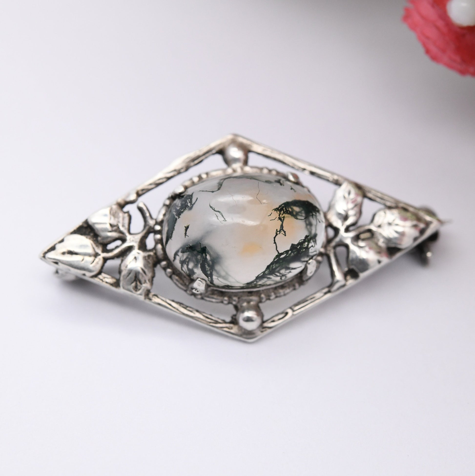 Vintage Moss Agate Sterling Silver Brooch - Art Nouveau Style | Natural Leaves Detail