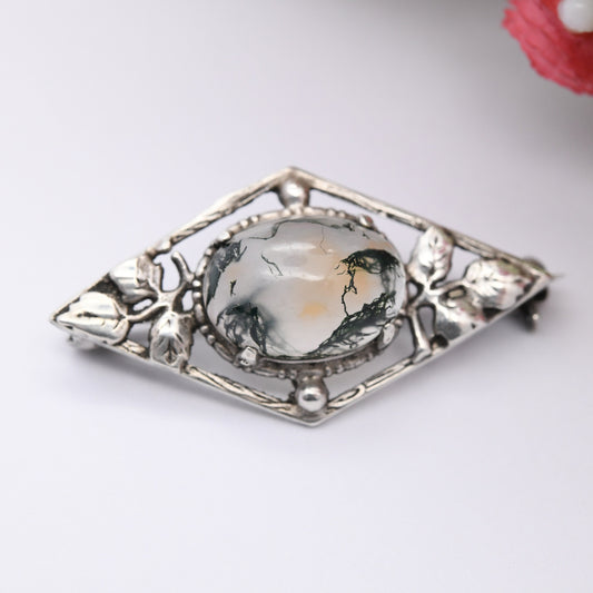 Vintage Moss Agate Sterling Silver Brooch - Art Nouveau Style | Natural Leaves Detail