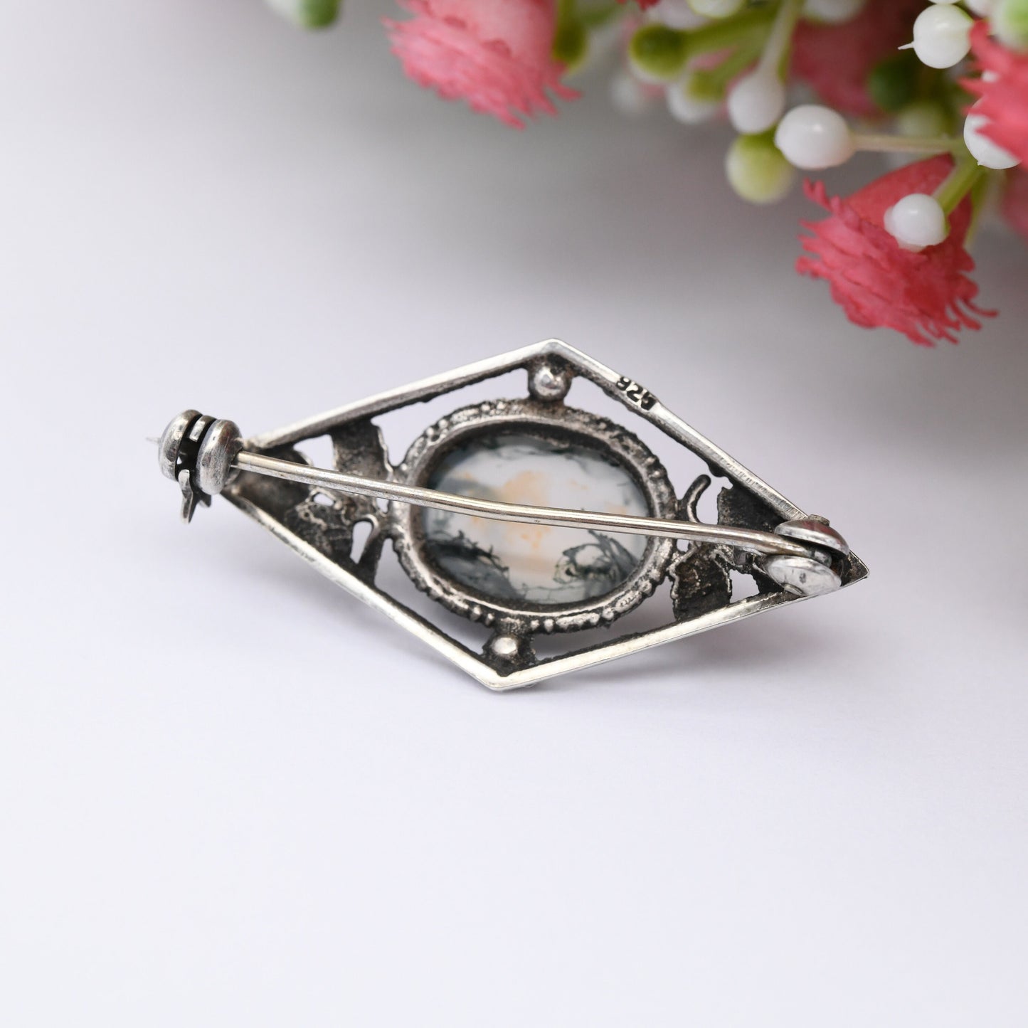 Vintage Moss Agate Sterling Silver Brooch - Art Nouveau Style | Natural Leaves Detail