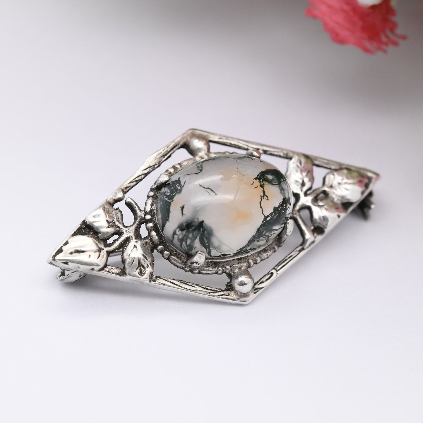 Vintage Moss Agate Sterling Silver Brooch - Art Nouveau Style | Natural Leaves Detail