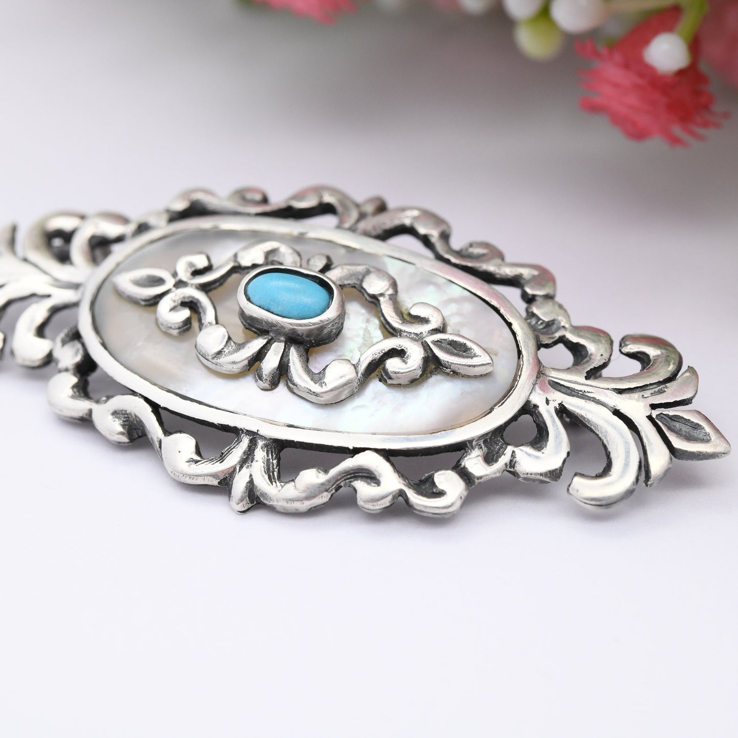 Vintage Greek Sterling Silver Mother of Pearl Turquoise Brooch - Ornate Antique Design